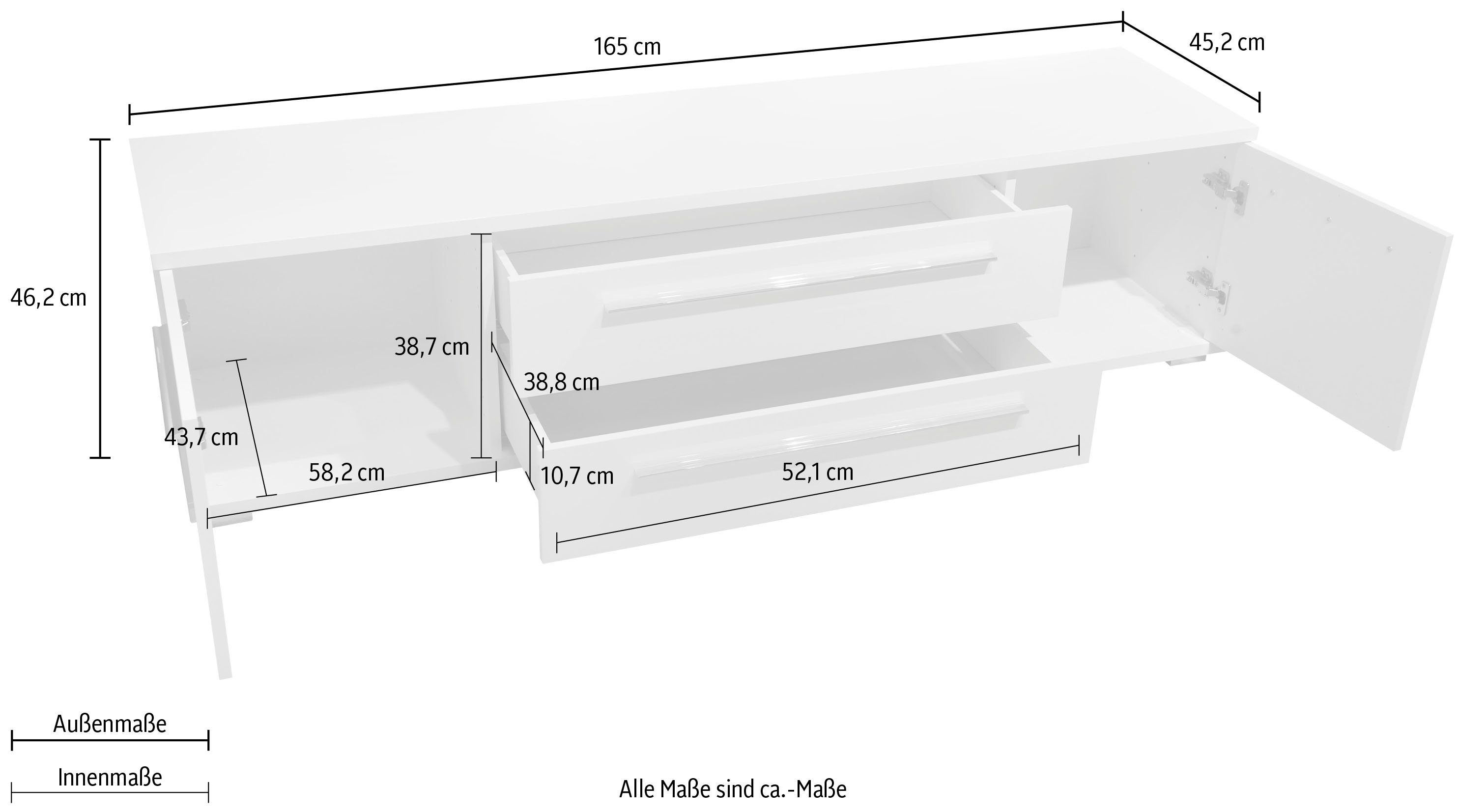 Places of Style Tv-meubel Piano TV-kast in breedte 165 of 180 cm met soft-close functie Hoogglans UV-gelakt, Br 180 cm met verschillende deur- en ladeafmetingen
