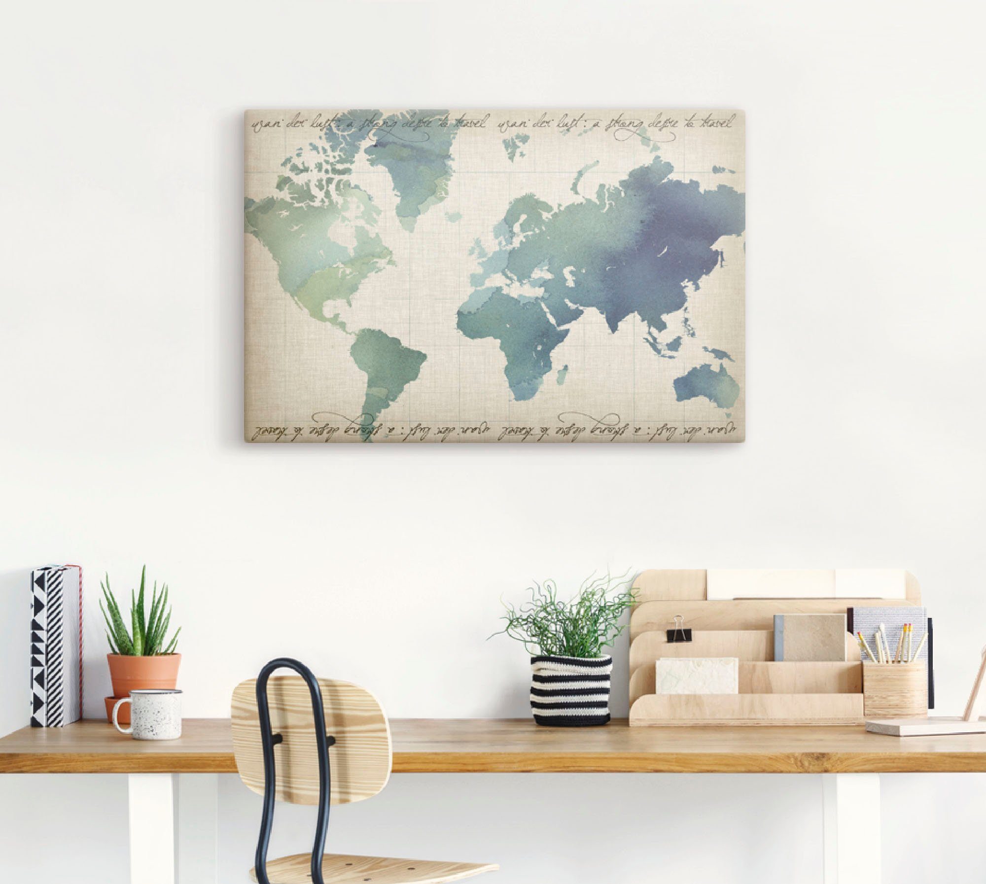 Artland Artprint op linnen Waterverf wereldkaart gespannen op een spieraam