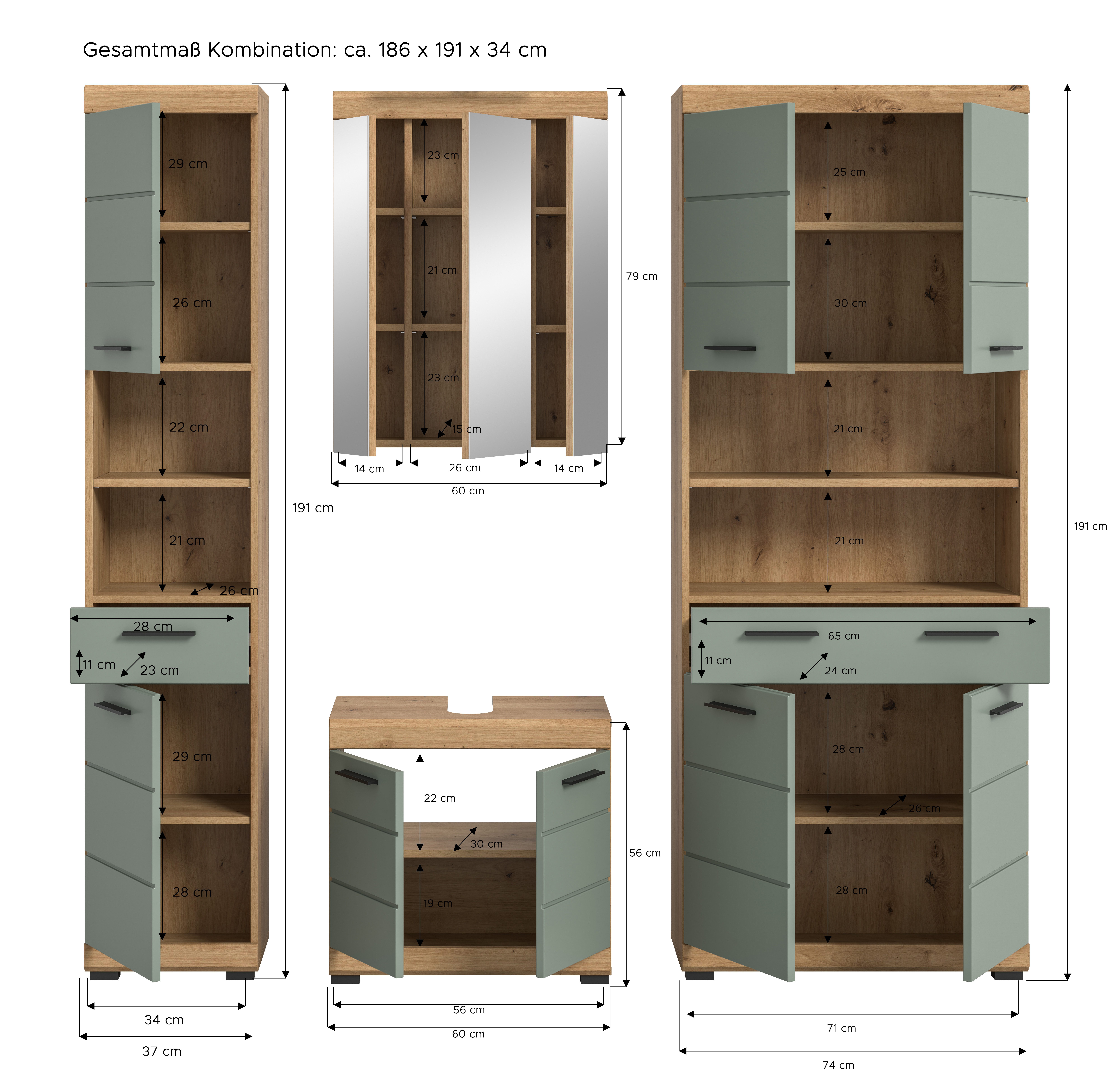INOSIGN Badkamerserie Siena, 4-delig, bestaande uit: Smalle hoge kast, WBU, spiegelkast, brede hoge kast (set, 4-delig)