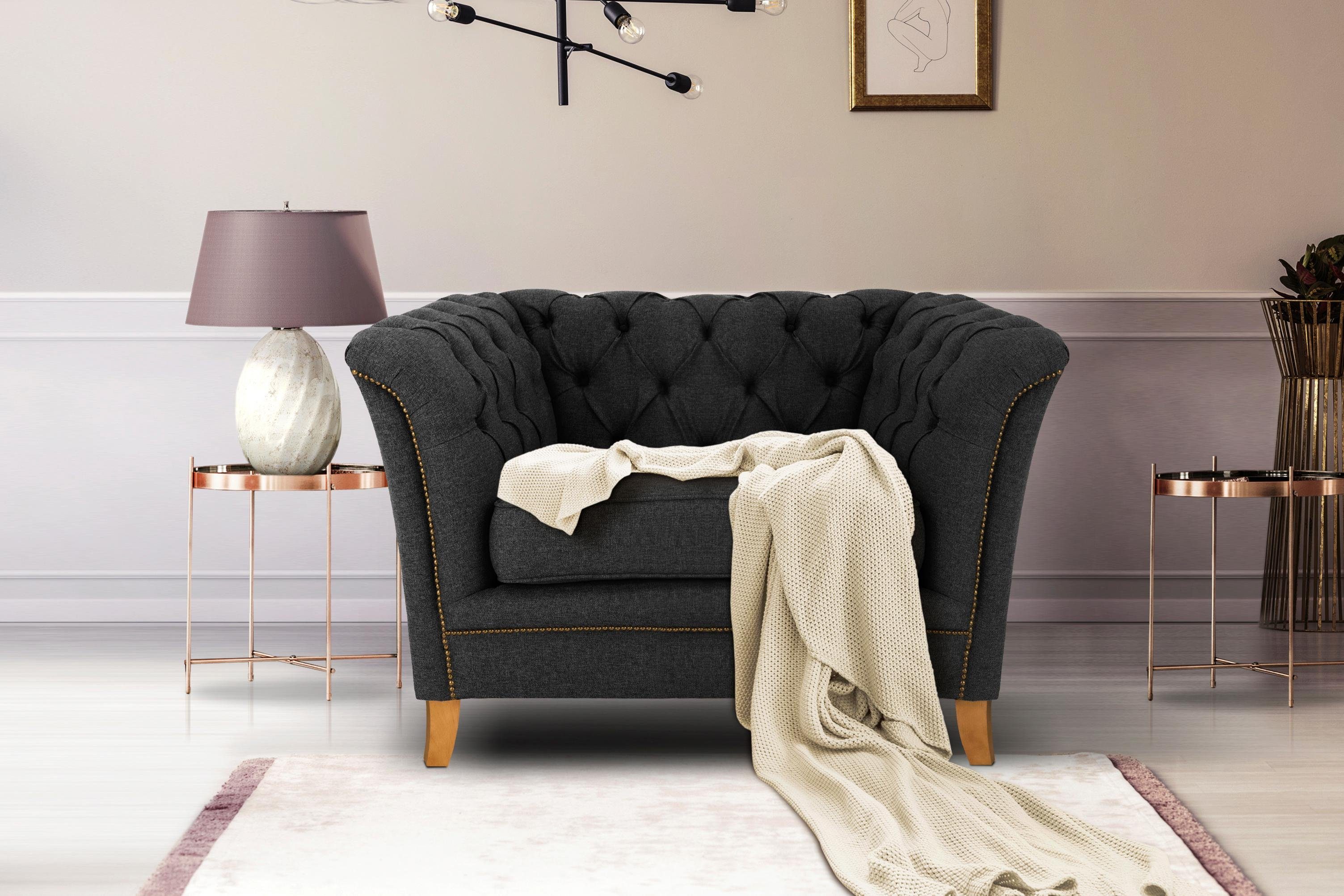 Home affaire Fauteuil Newport moderne Chesterfield met capitonnage achter, opstaande naad en fijne armleuningen fauteuils grijs