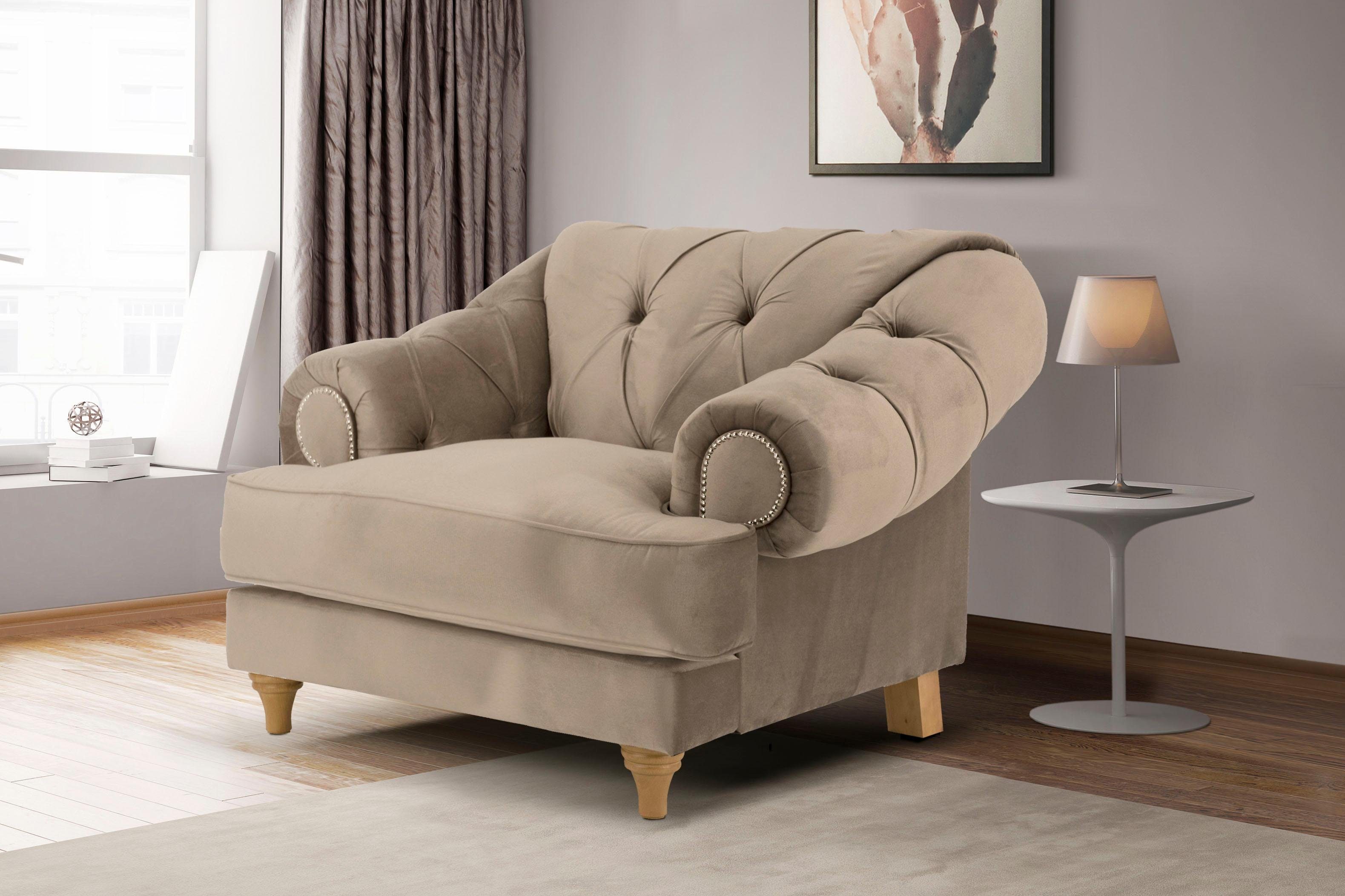 Home affaire Fauteuil Alegra met capitonnage achter, opstaande naad en studs in armleuningen fauteuils beige