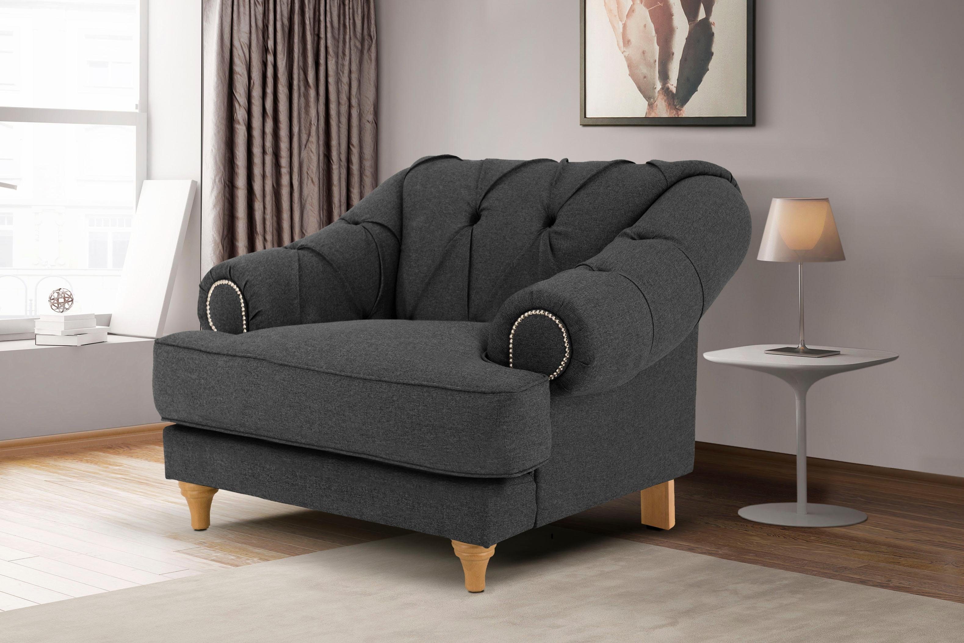 Home affaire Fauteuil Alegra met capitonnage achter, opstaande naad en studs in armleuningen fauteuils grijs
