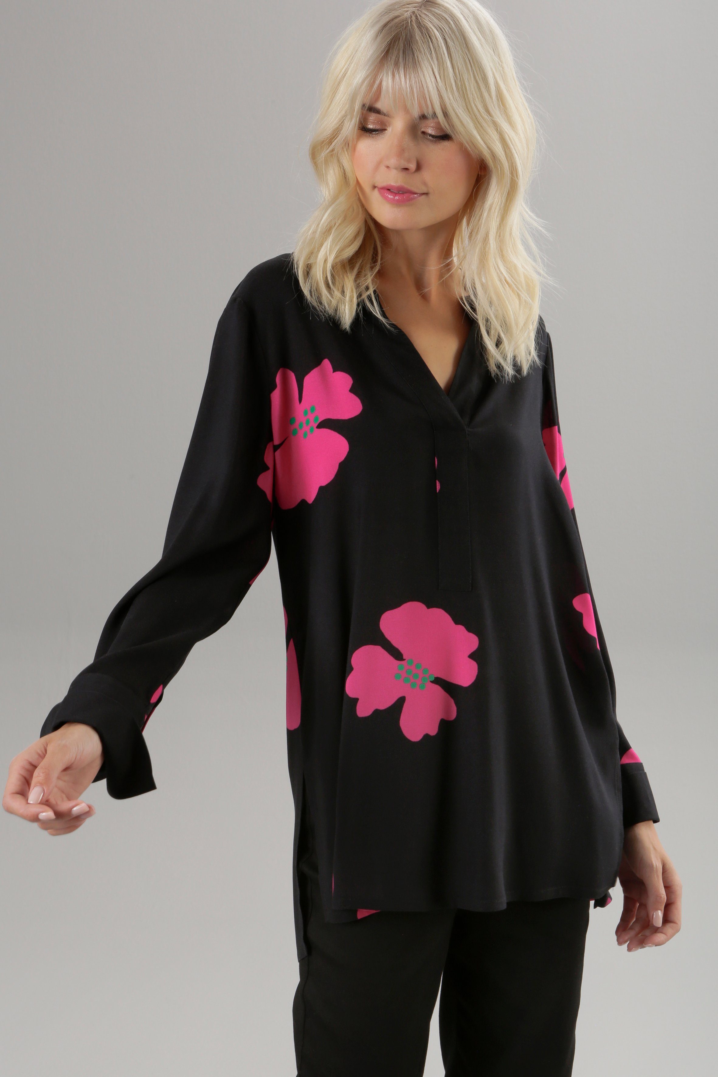 Aniston SELECTED Lange blouse met bloemenprint - elk stuk is uniek dames lange blouses maat 36 zwart