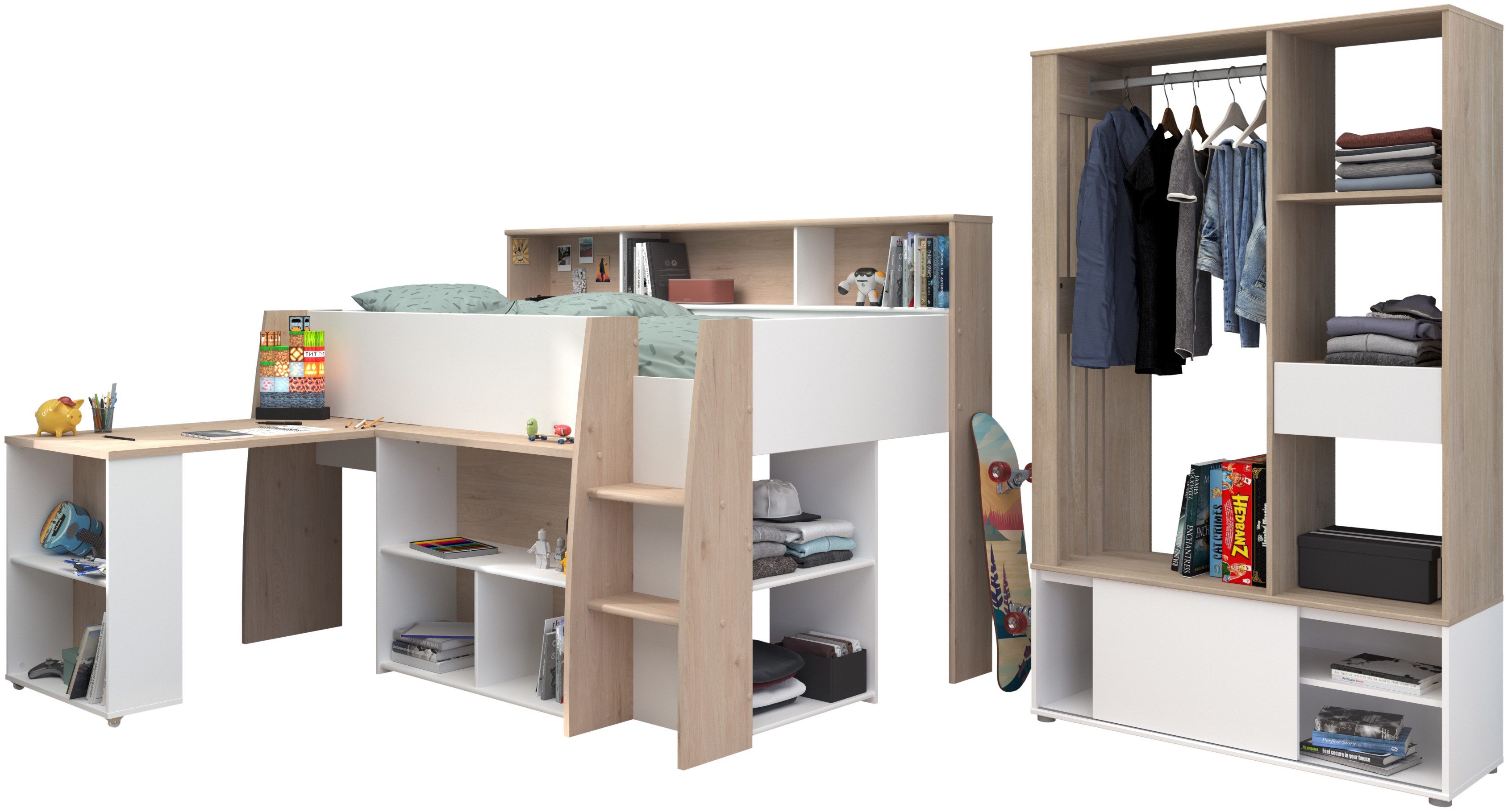 Parisot Tienerkamerset Parisot Lucas 11 Bureau uittrekbaar, kledingkast open, planken en rekken (2-delig)
