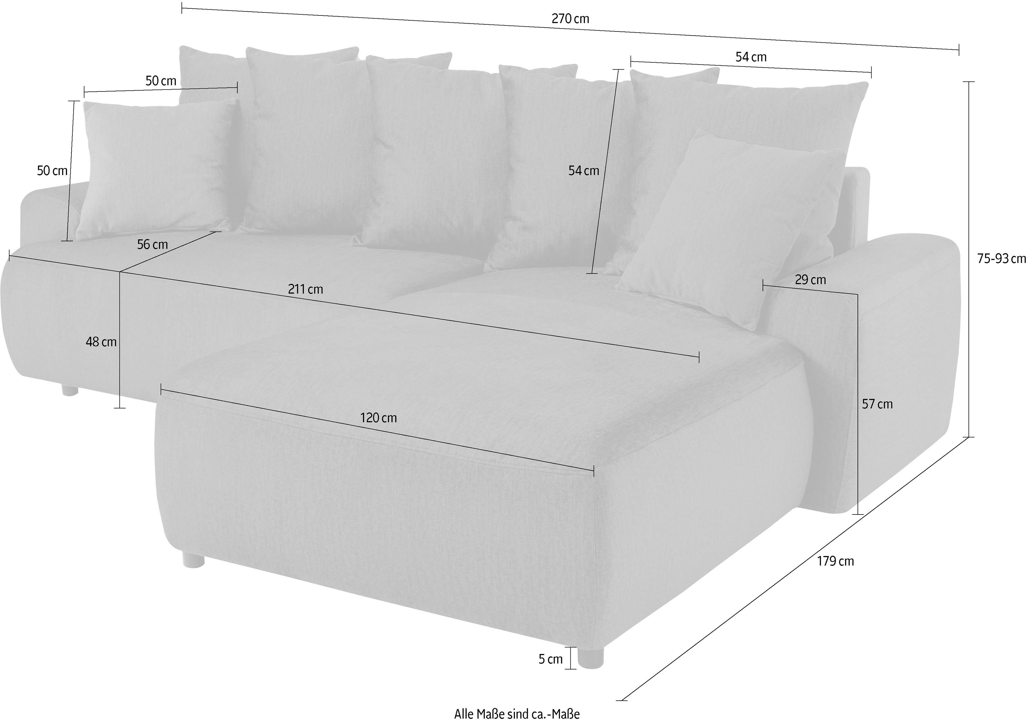 exxpo - sofa fashion Hoekbank Game, comfortabel met 5 rugkussens en 2 decoratieve kussens, L-vorm incl. bedfunctie en bedlade, comfortabel, geweldige afwerkingsdetails