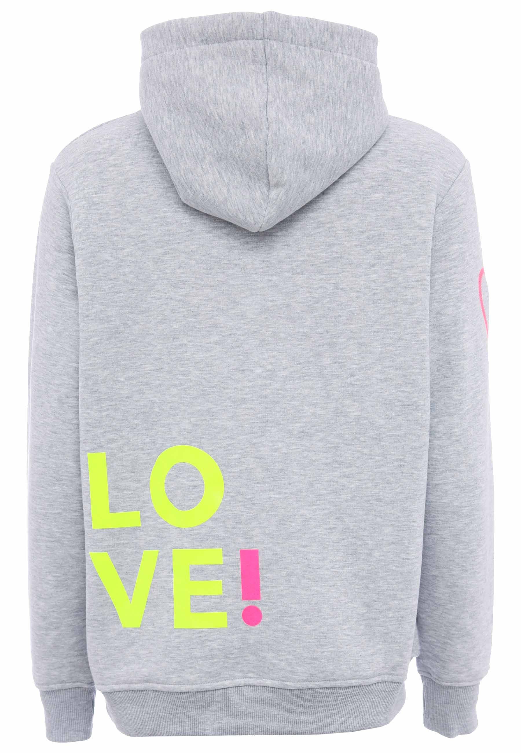 Zwillingsherz Hoodie met geborduurd neonhart op de mouw en "love"-schrift op koord