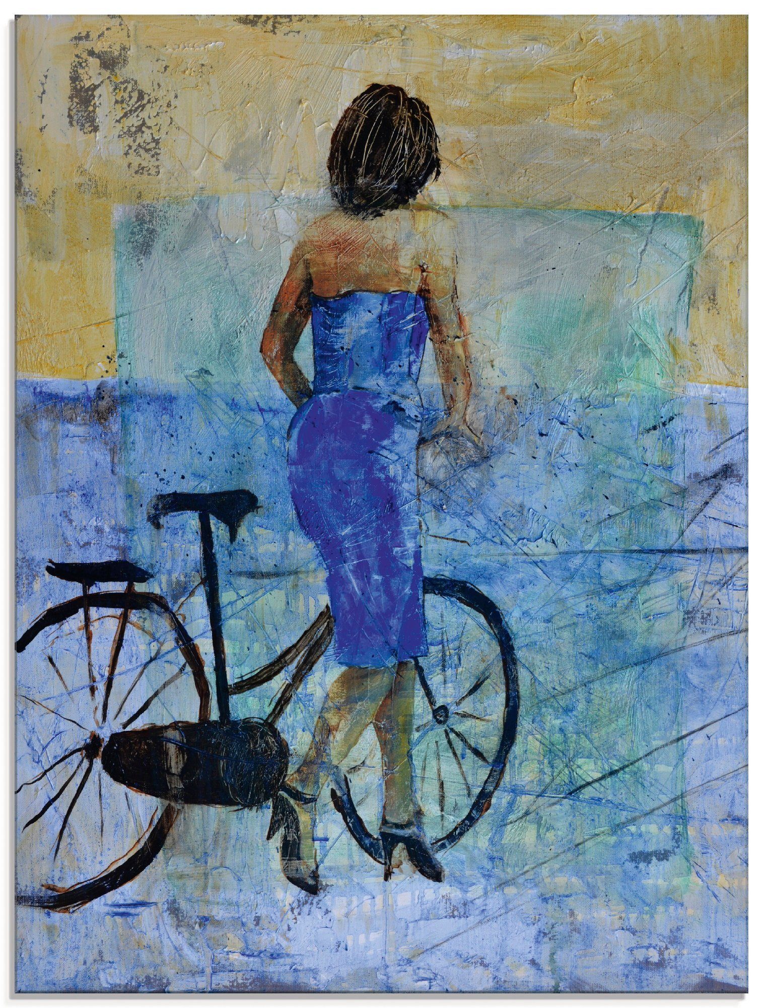 Artland print op glas Ein Mädchen mit einem Fahrrad