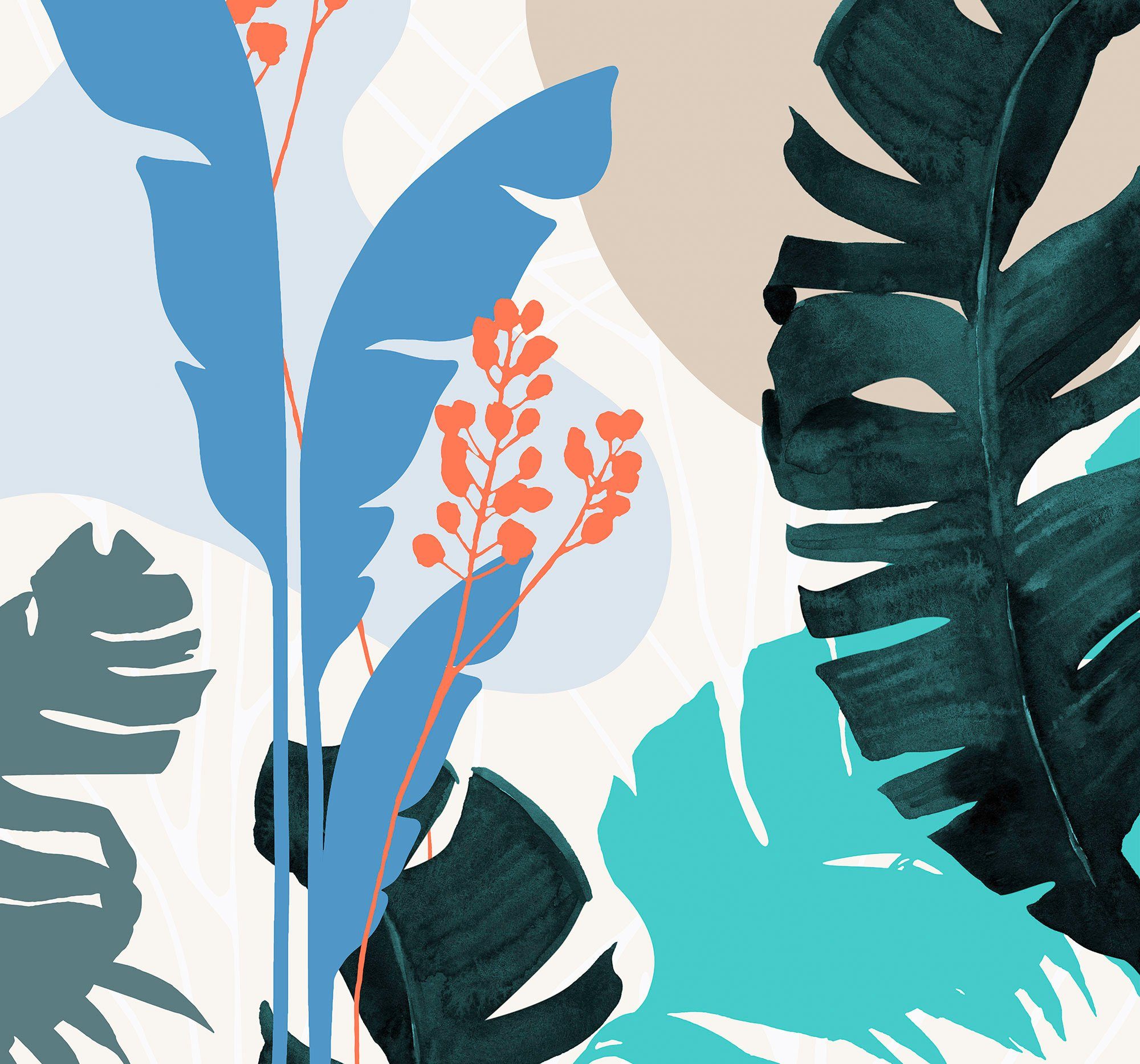 Komar Vliesbehang Digitale print vlies - Tropical Shapes - Afmeting 300 x 280 cm zelfklevend behang multicolor