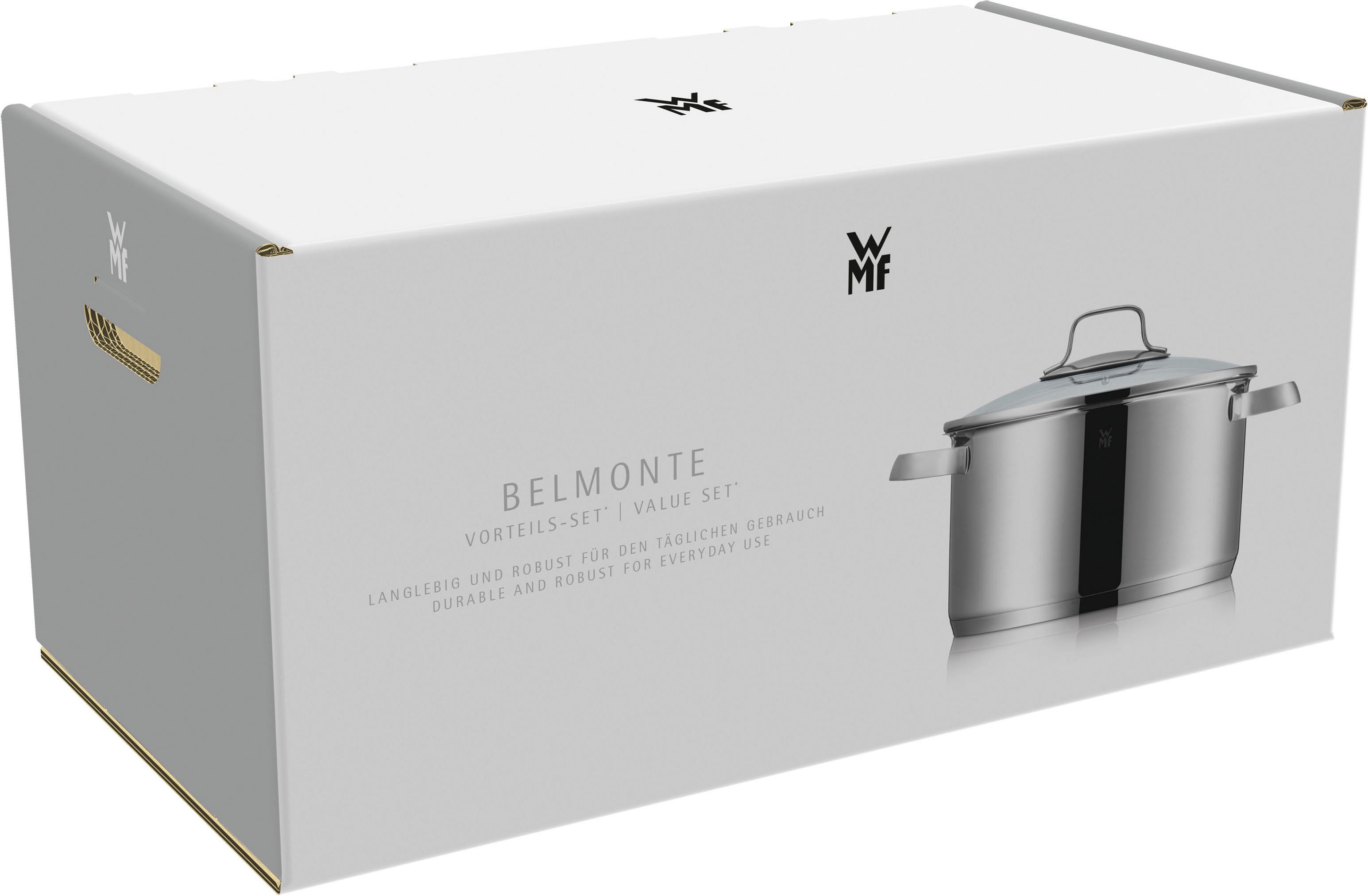 WMF Pannenset Belmonte, met glazen deksels vaatwasmachinebestendig, interne schaalverdeling, geschikt voor alle soorten fornuizen (set, 9-delig)