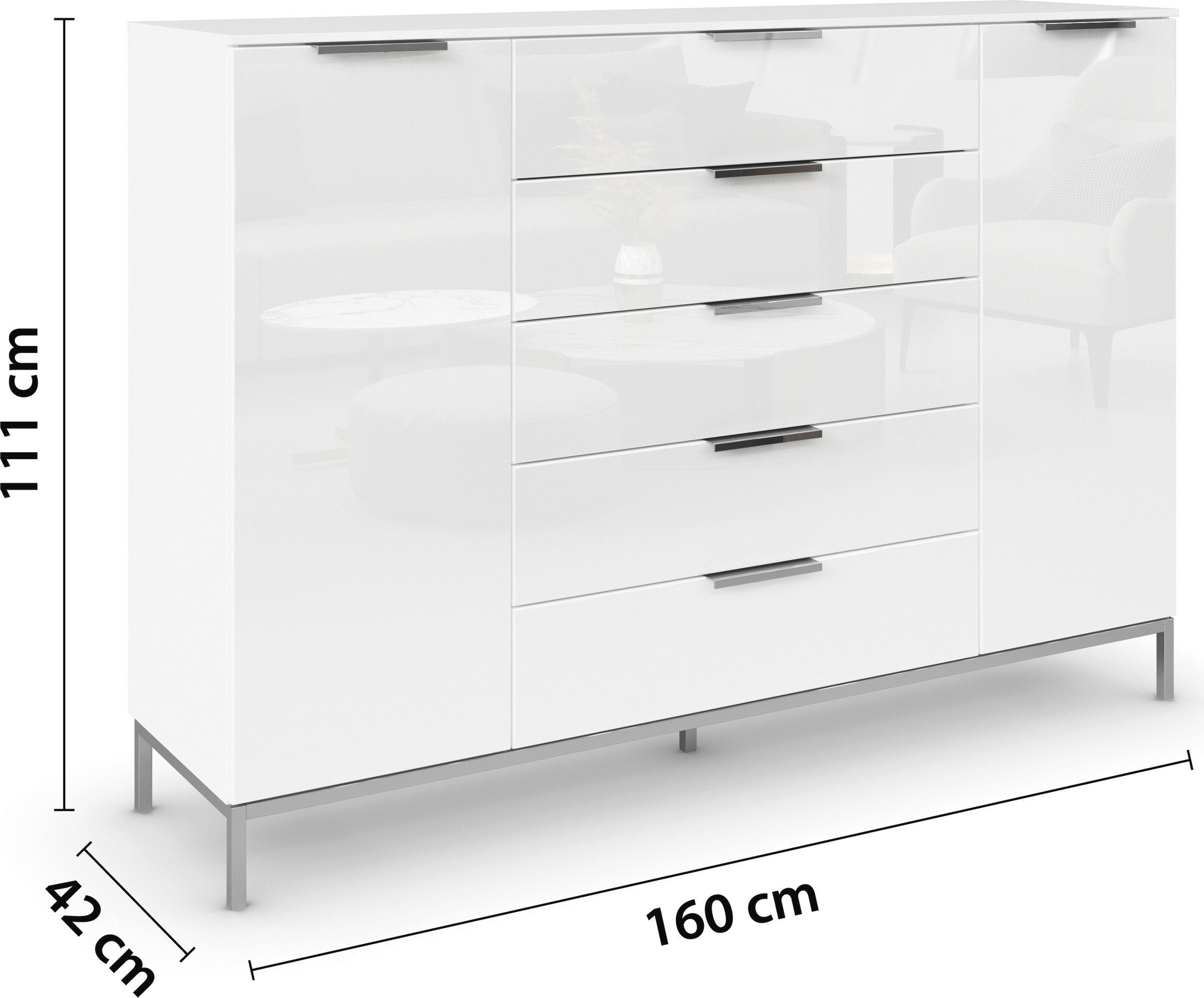 rauch Ladekast Flipp kast waskast bestseller sideboard 2-deurs met 5 laden en soft-close functie, glazen front, 2 breedtes