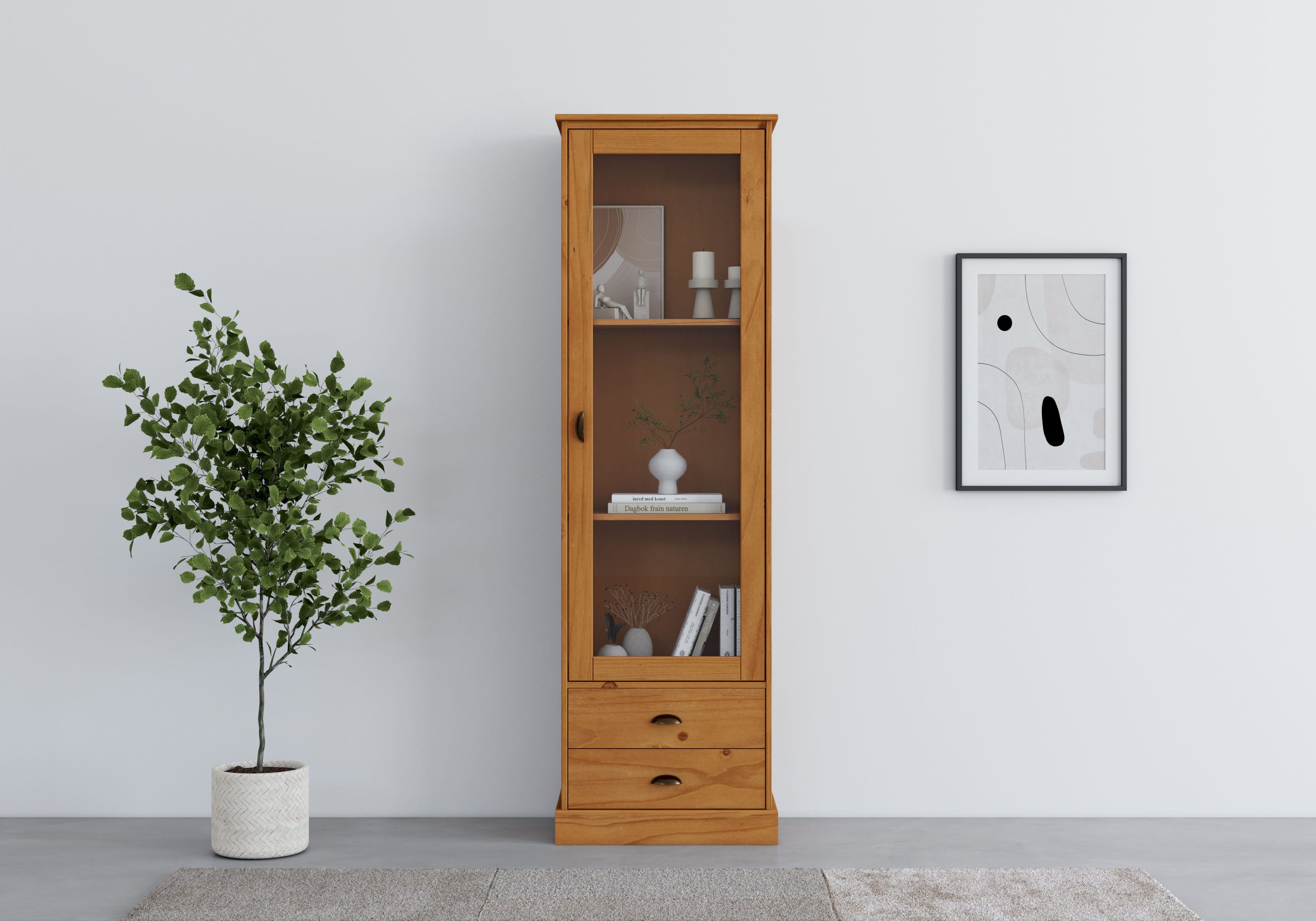 Home affaire Vitrinekast Schröder met 1 schuifdeur, 2 lades, van massief grenenhout, breedte 55cm vitrinekasten beige