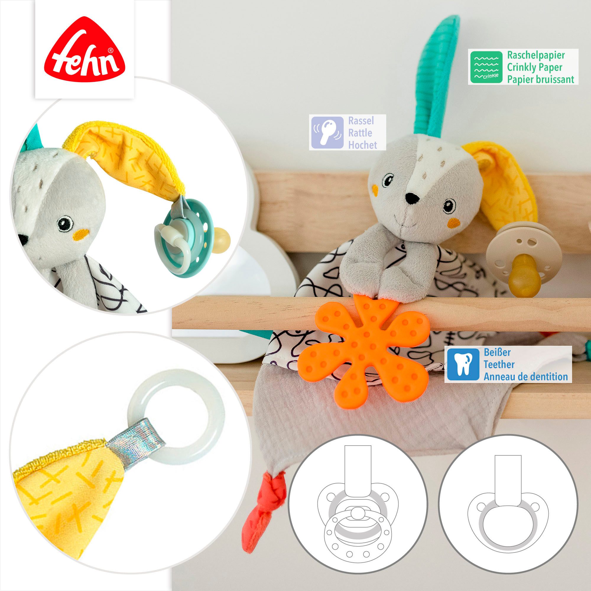 Fehn Knuffeldoek DoBabyDoo, konijn met bevestigingsring voor speen