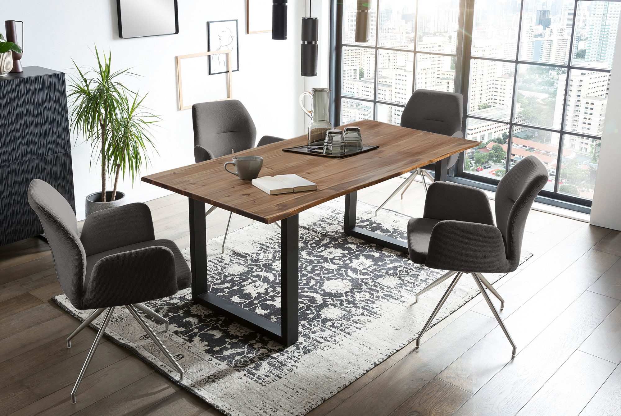 SalesFever Eethoek Tafelblad behandeld met OSMO hardwasolie in zijdeglans afwerking (set, 5-delig) eethoeken grijs