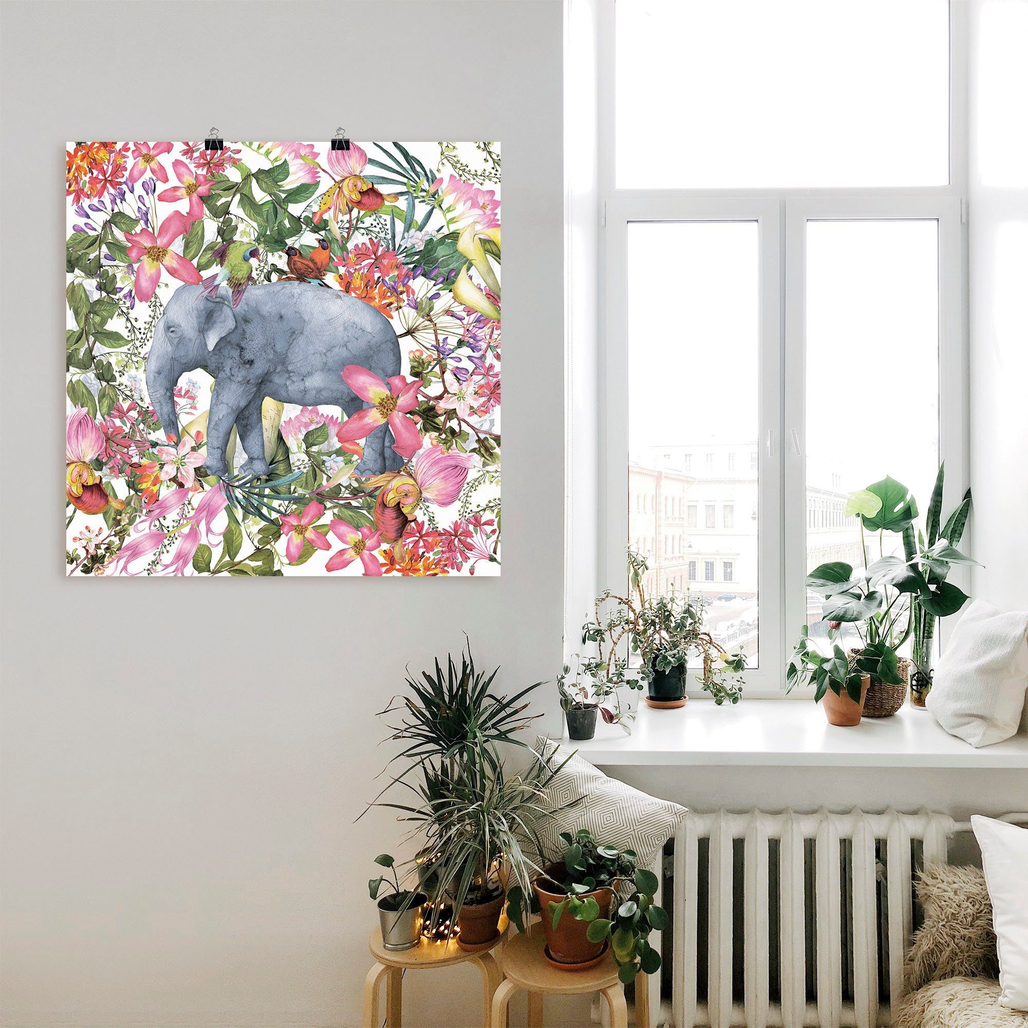 Artland Artprint Olifant in bloemen jungle als artprint op linnen, poster in verschillende formaten maten