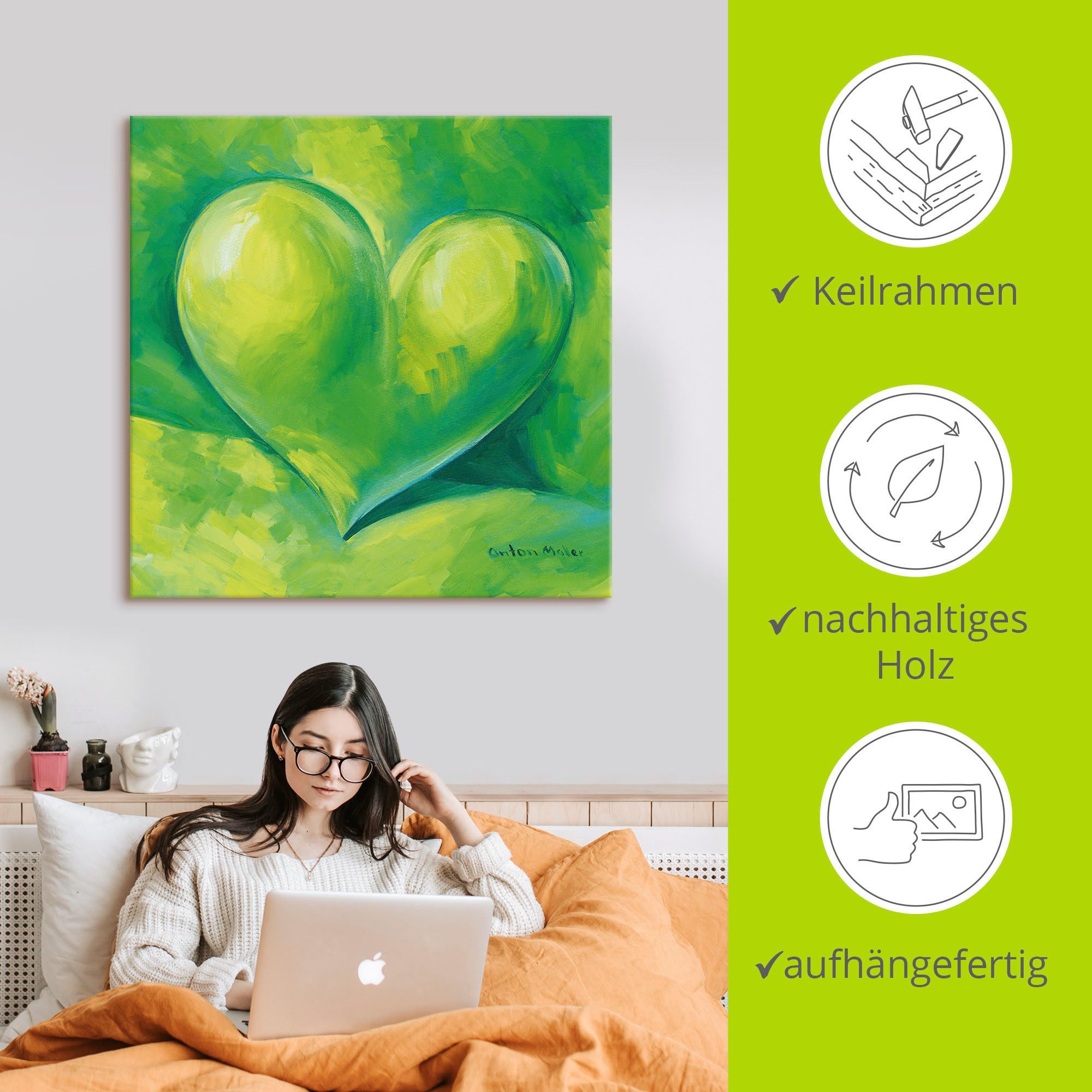 Artland Artprint op linnen Groen hart gespannen op een spieraam