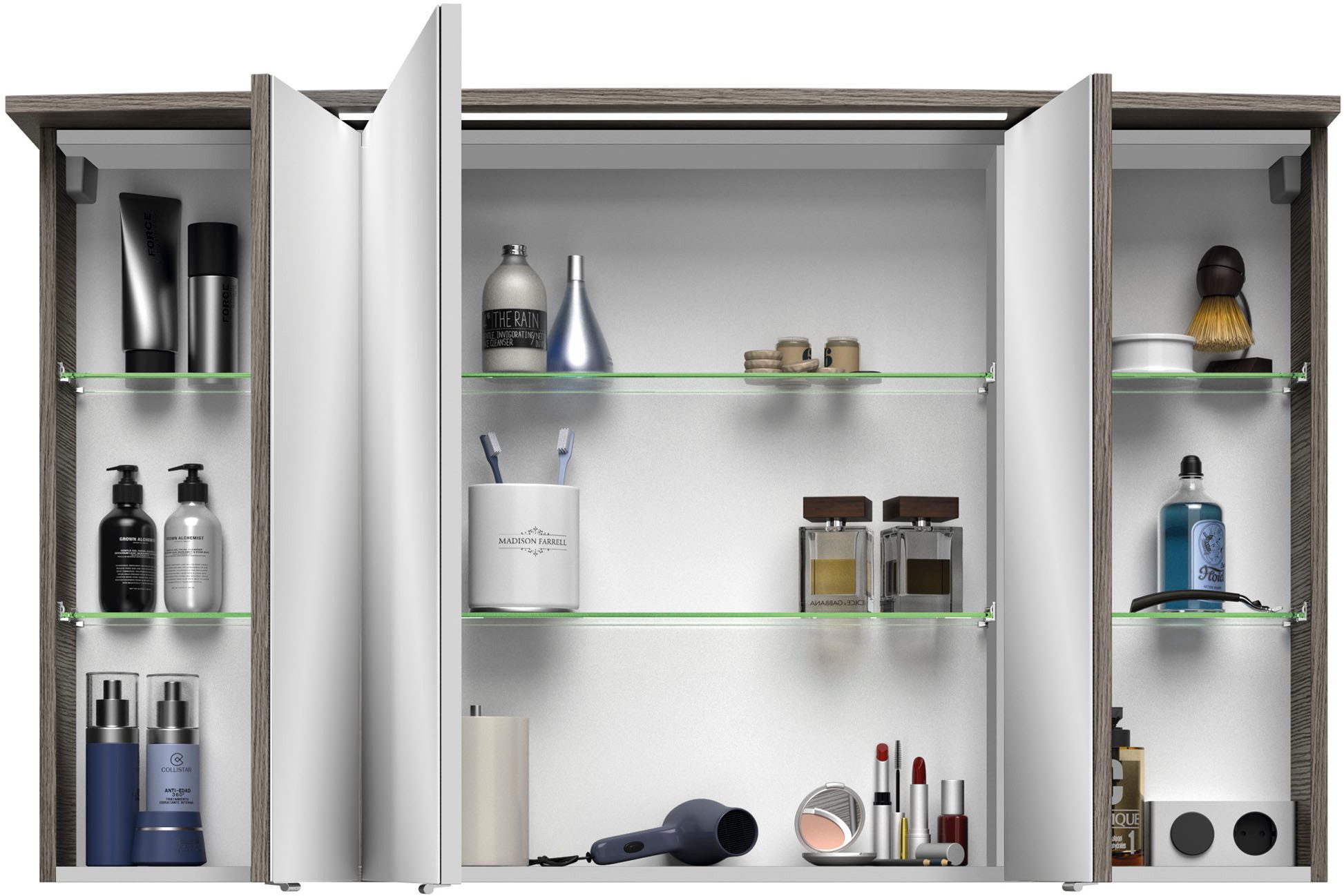 Saphir Badkamerspiegelkast Serie 4010 badkamer spiegelkast incl. LED-verlichting in krans Badkast 122 cm breed, 3 deuren, 6 glazen legplanken, incl. deurdemper