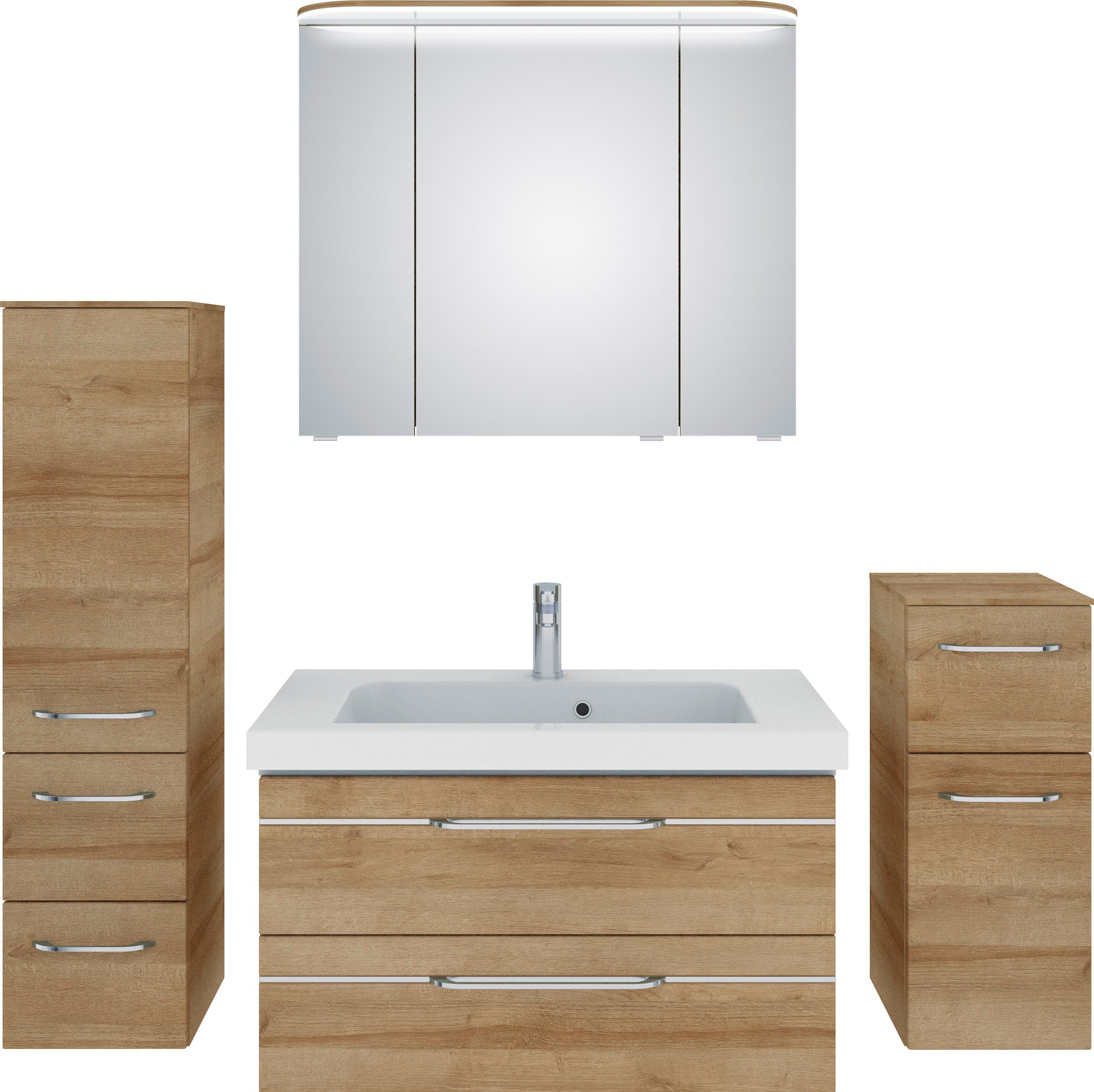 Saphir Badkamerserie Balto sprint 4-delig, mineraalmarmeren wastafel met led-spiegelkast (5-delig) badmeubelsets bruin