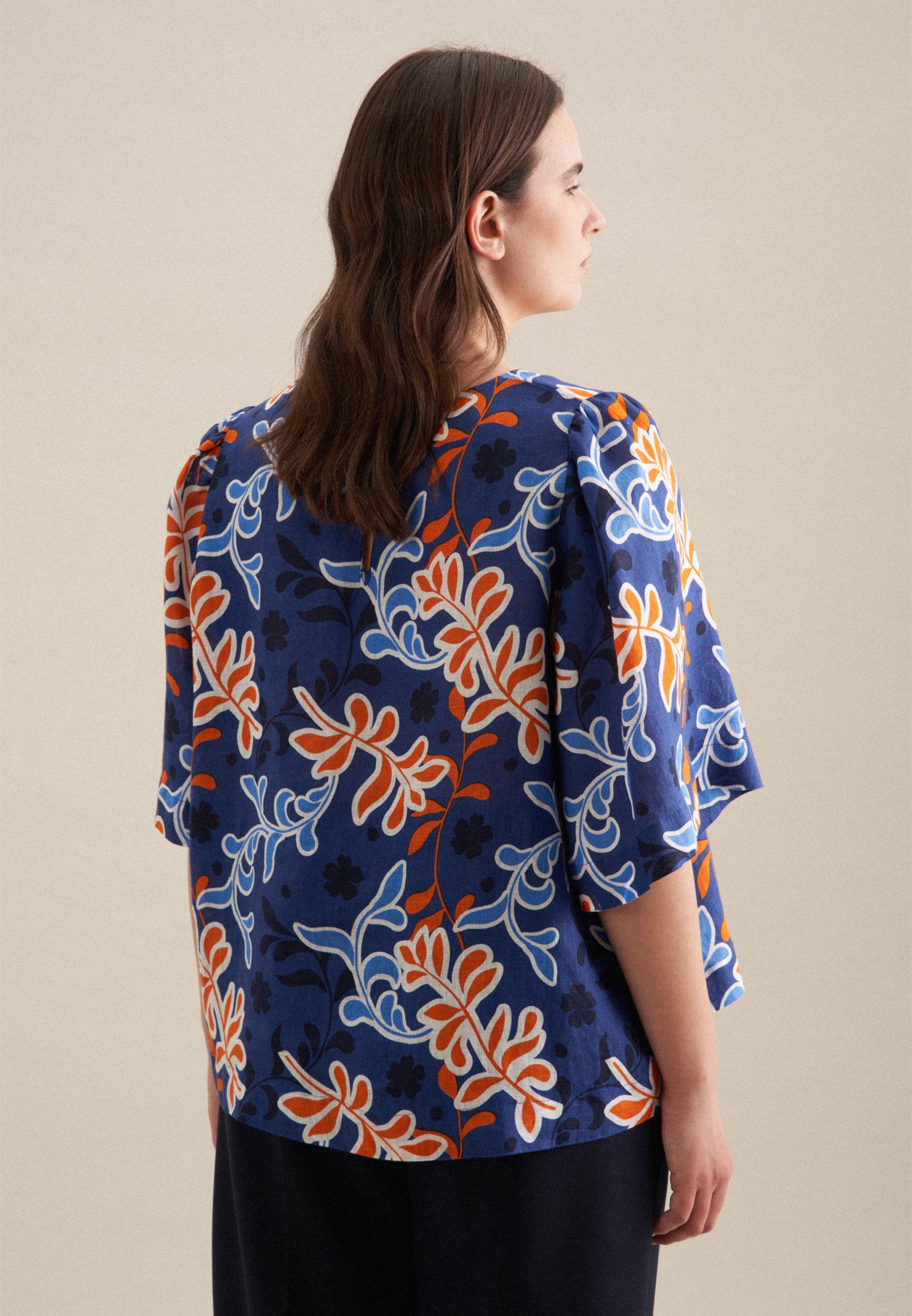seidensticker Shirtblouse Zwarte roos Korte mouwen ronde hals print