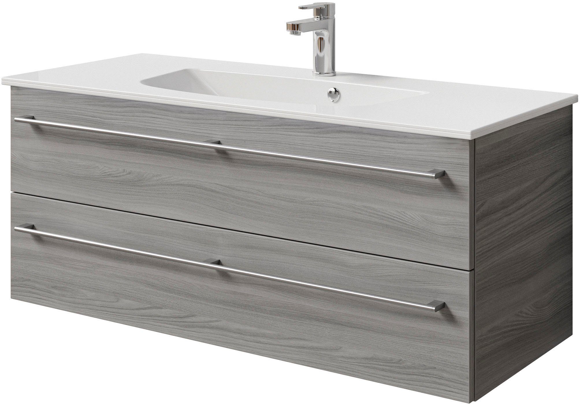 Saphir Wastafelonderkast Serie 6025 mineraalmarmeren wastafel met onderkast, 117 cm breed (2-delig) wastafelmeubels grijs