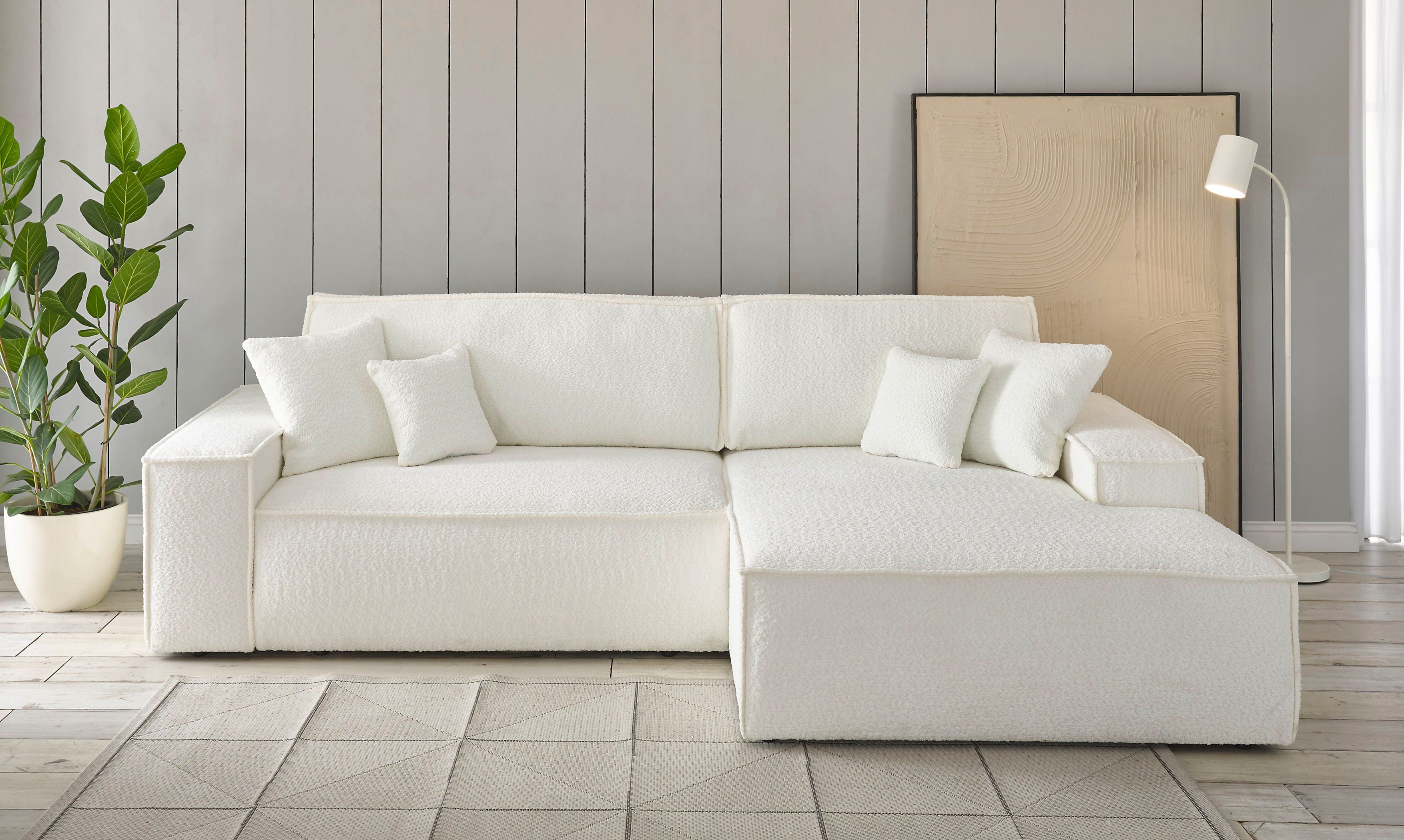 andas Hoekbank Finnley bedbank 267 cm in bouclé en fijne structuurstof, L-model,