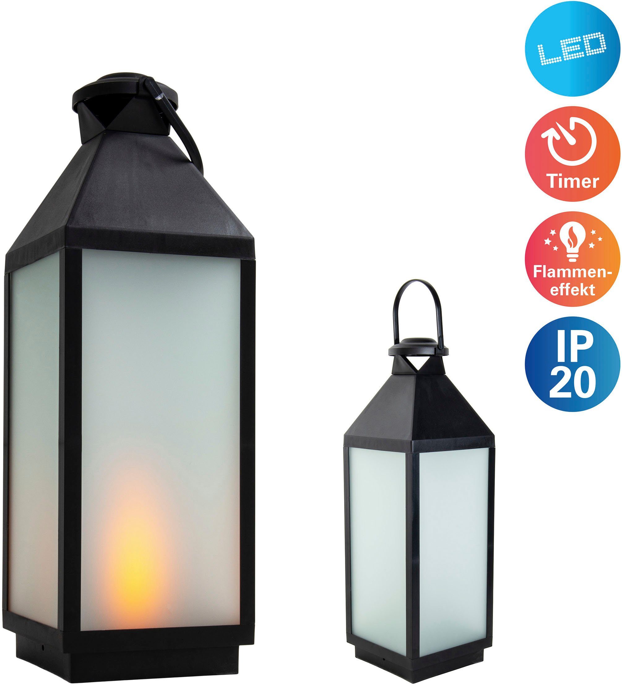 näve Decoratieve ledverlichting DORIS Lantaarn, vierkant, vlam effect, timerfunctie, zwart, mat glas (1 stuk)