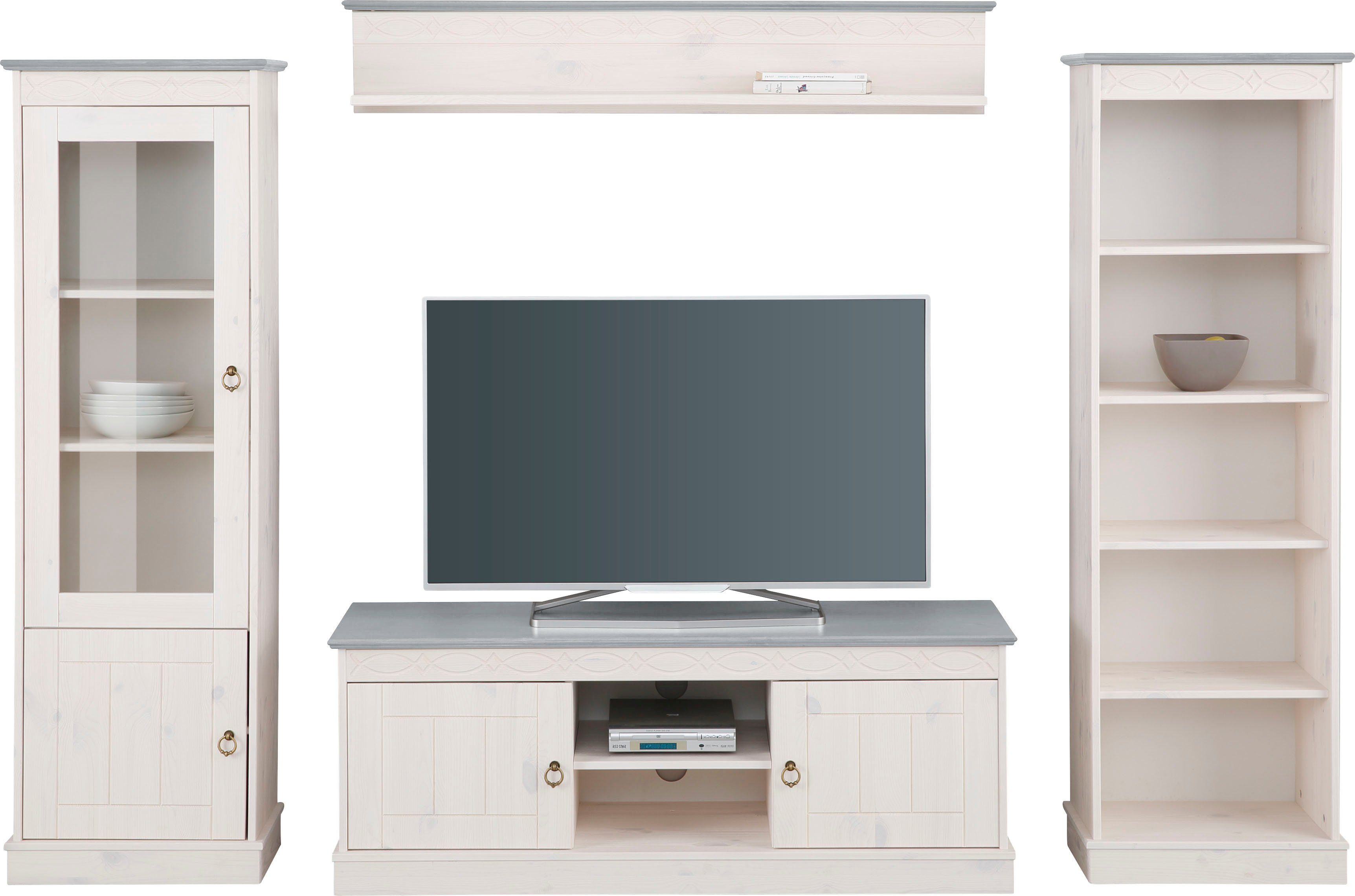 Home affaire Wandmeubel Indra 4-delig set: vitrinekast, lowboard, wand- & staande plank, massief dennenhout (set, 4-delig)