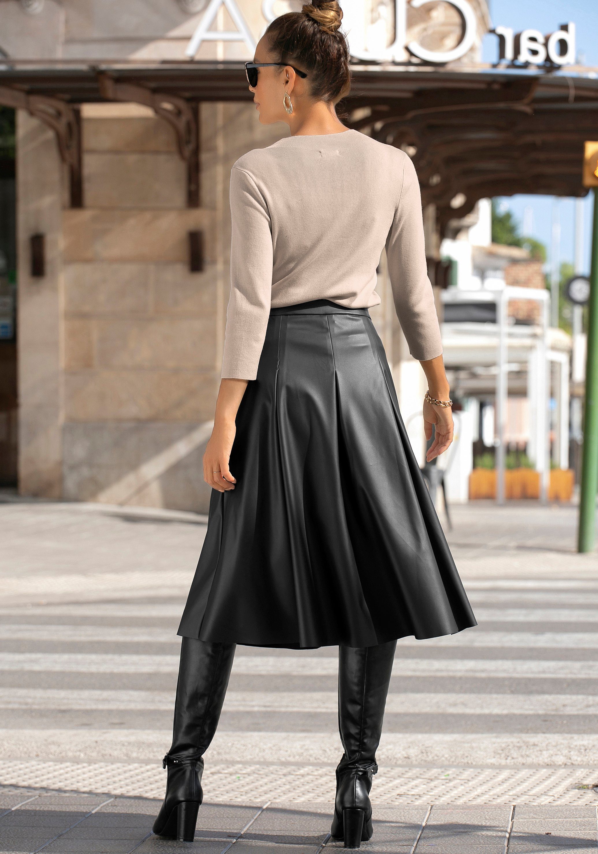 Lascana Imitatieleren rok in midi-lengte, hooggesneden plissérok, casual-chic