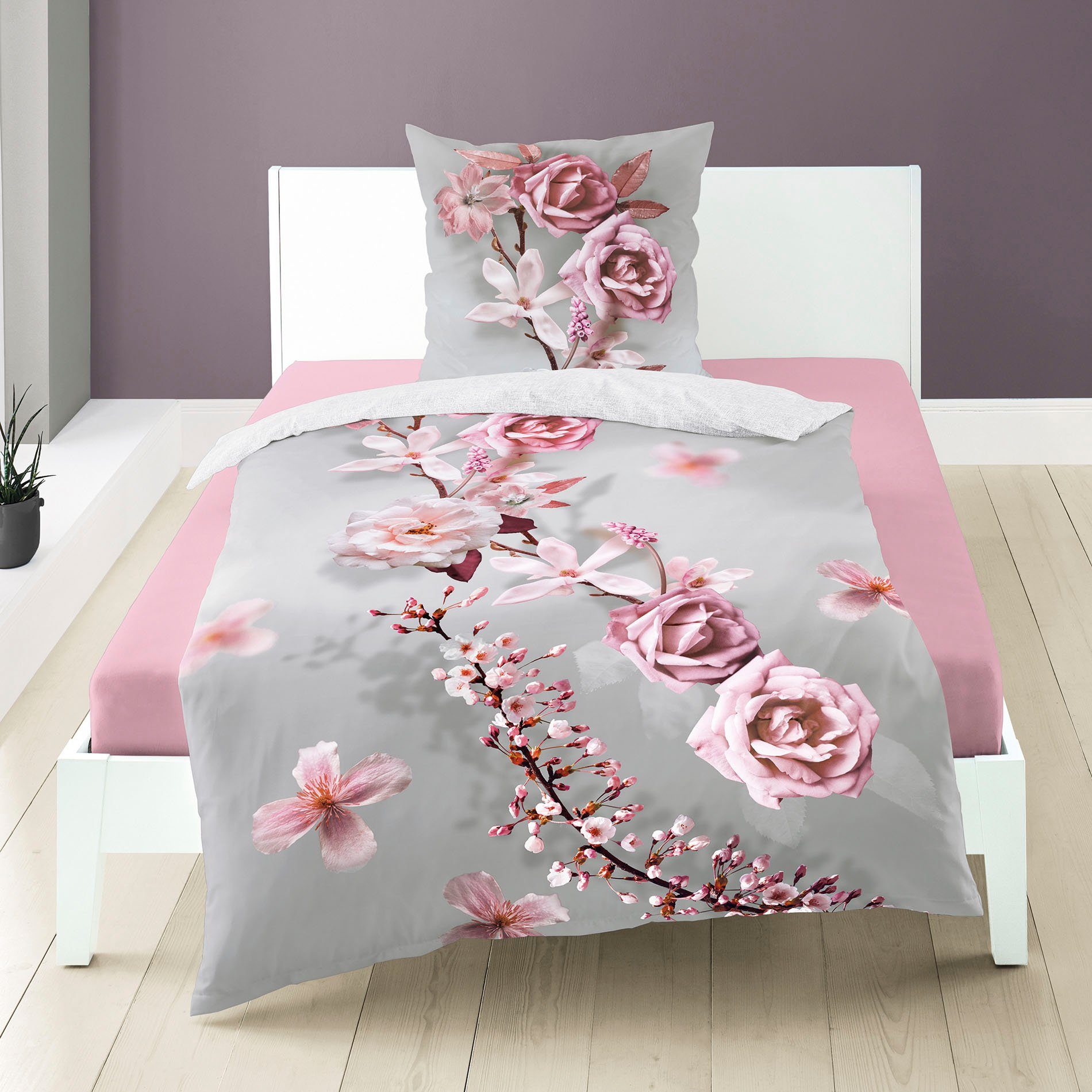 BIERBAUM Tweezijdig te gebruiken overtrekset Pink rose met bloemenprint (2-delig)