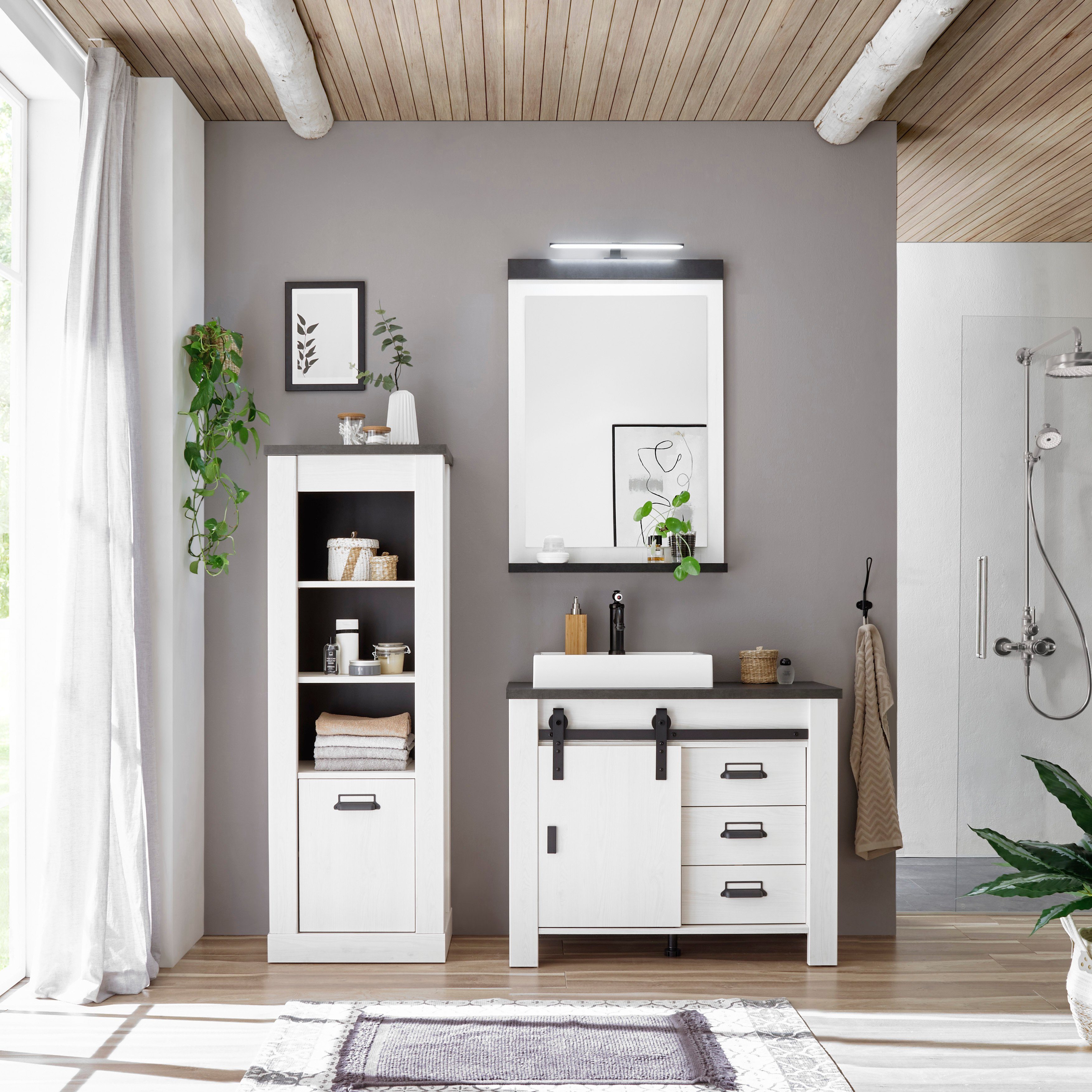 Home affaire Badkamerserie SHERWOOD, Bad im modernen Design, 3-teiliges Badezimmer in houtdecor, met schuurdeurbeslag en apothekersgrepen van metaal (3-delig)