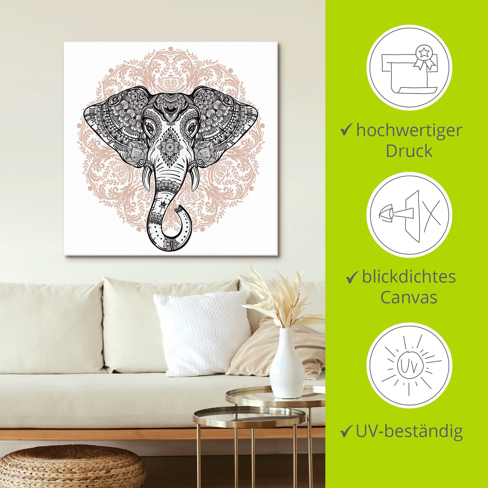 Artland Artprint Vintage mandala olifant als artprint op linnen, poster, muursticker in verschillende maten