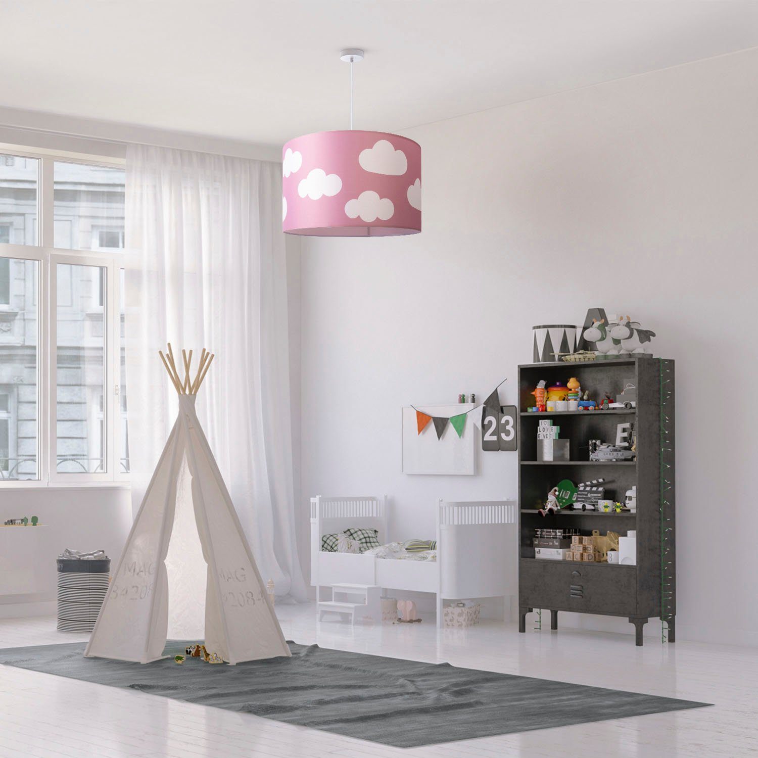 Paco Home Hanglamp Hugo Cosmo Pendellamp kinderkamer wolken lucht stof lampenkap rond E27