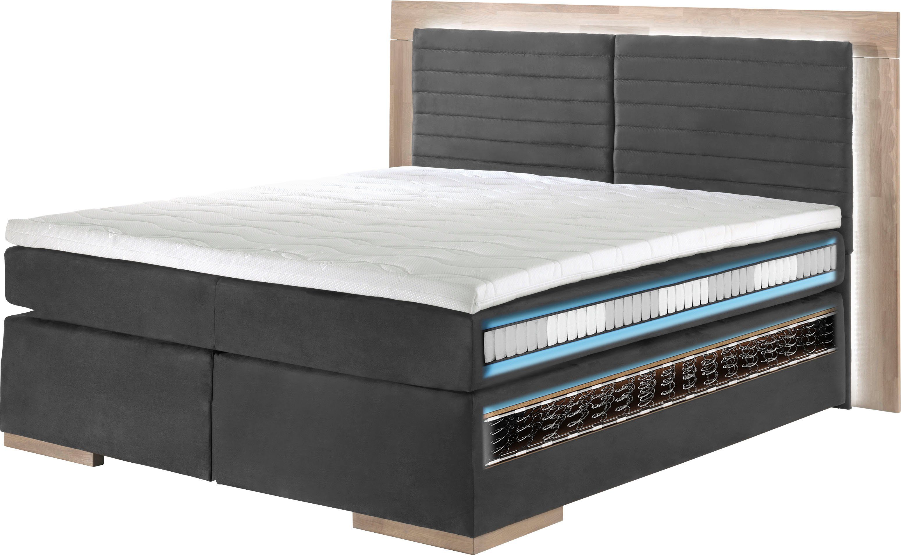 Places of Style Boxspring Cup met ledverlichting, massief houten lijst en topmatras, in 2 hardheden boxsprings maat Luxe-microvezel bruin