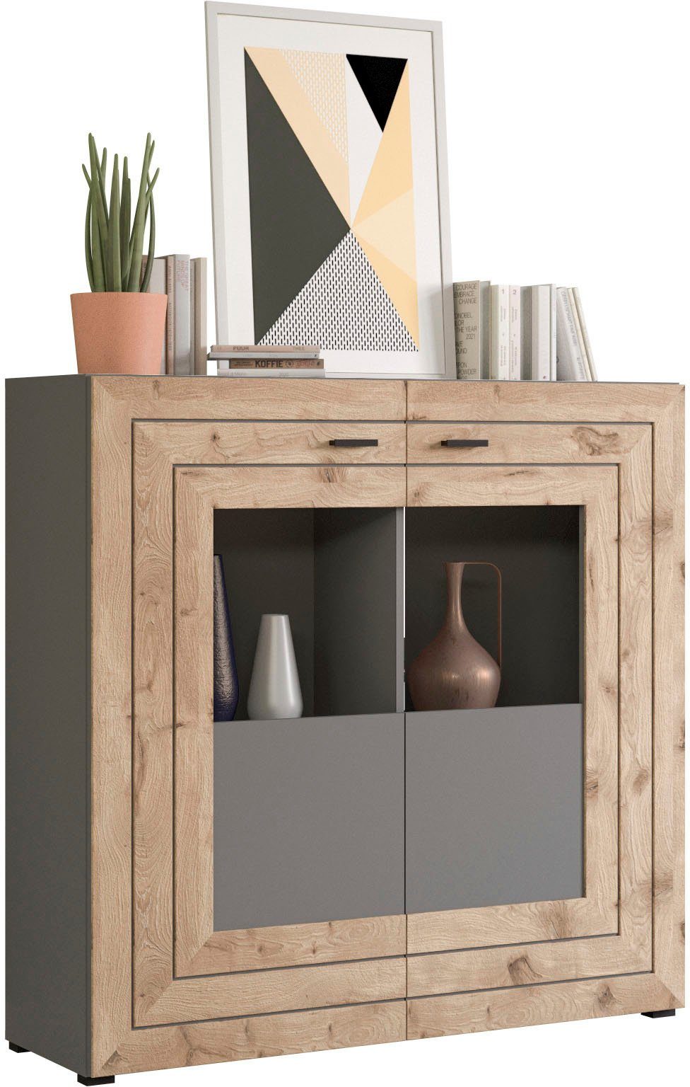 INOSIGN Highboard Aalborg, hoogte 117 cm, 2 glazen deuren, 6 vakken, 2-kleurig, metalen handgrepen highboards grijs