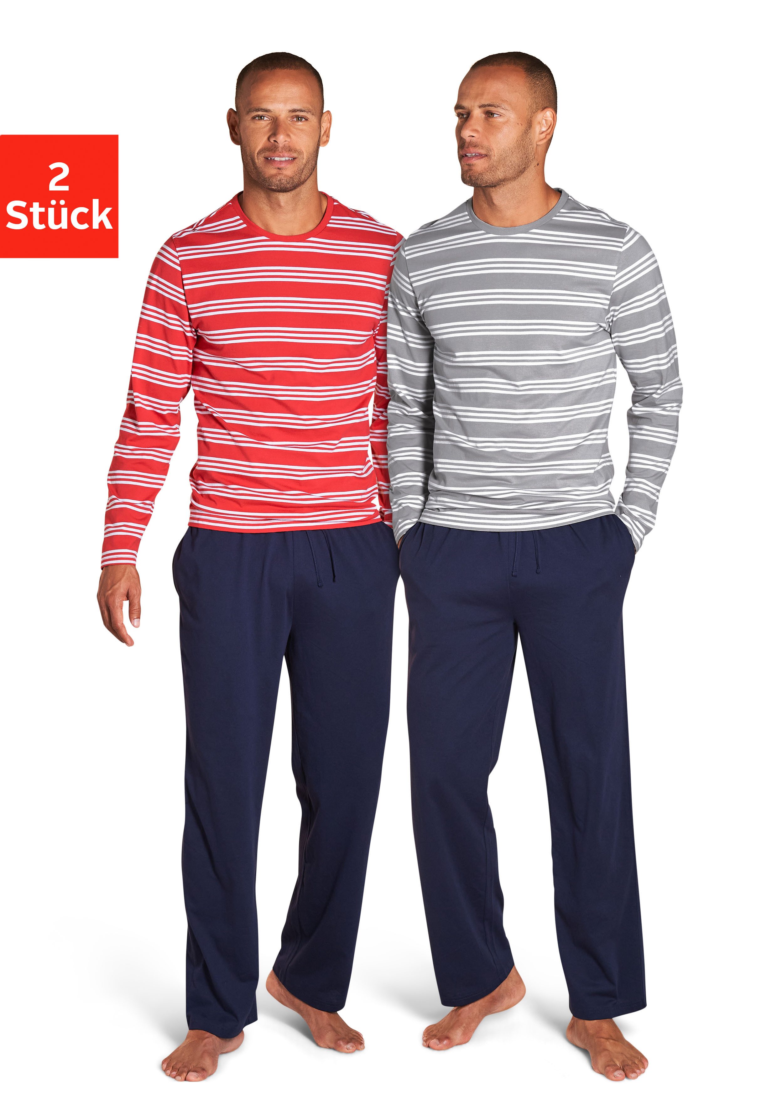 AUTHENTIC LE JOGGER Pyjama Pyjama met gestreepte bovenstukken (4-delig, Set van 2) heren lange pyjama's maat 56/58 rood