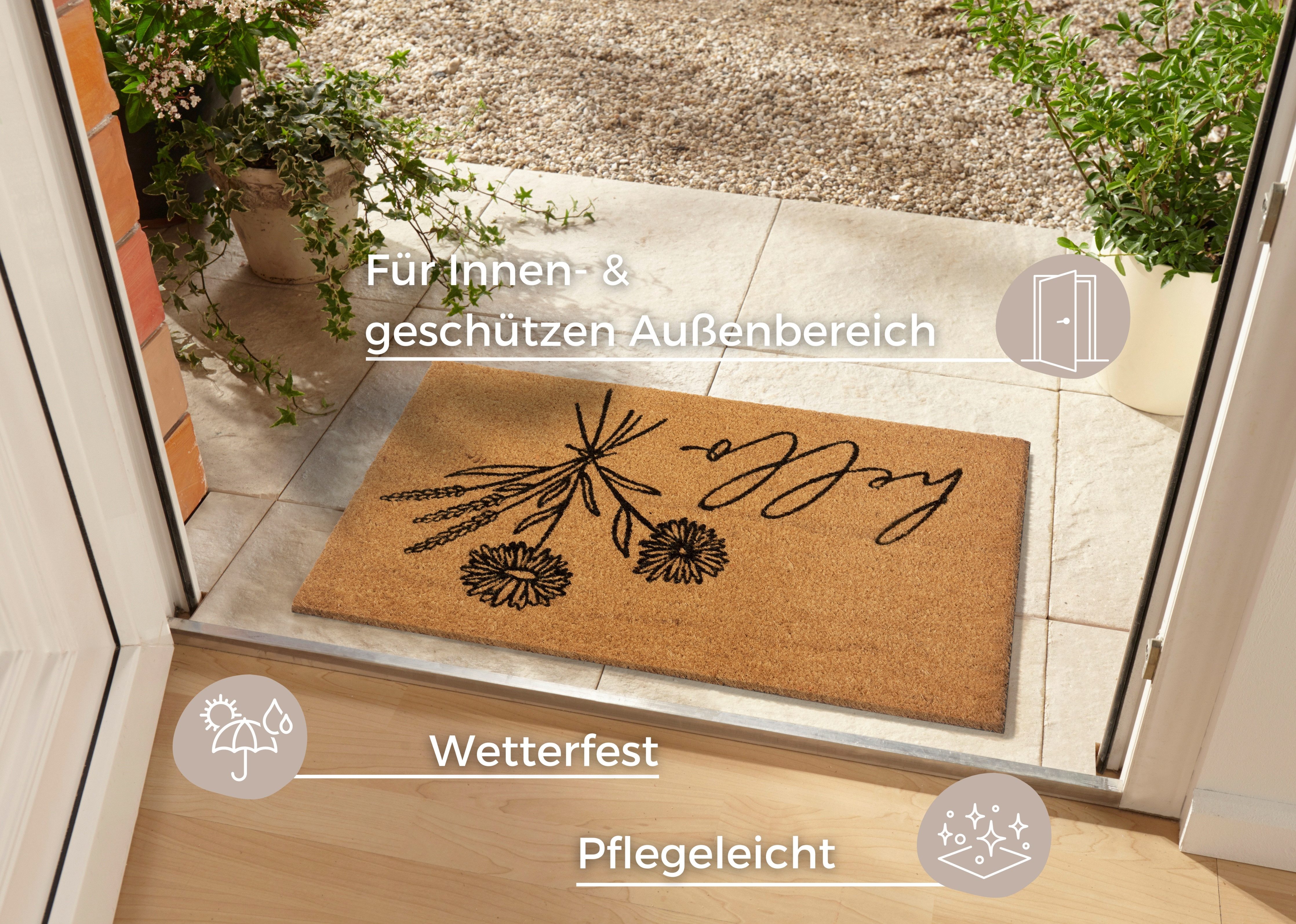 HANSE Home Mat Hello & Flowers, deurmat Kokos, vuilopvangmat, outdoor, antislip, binnen, kokosmat, gang