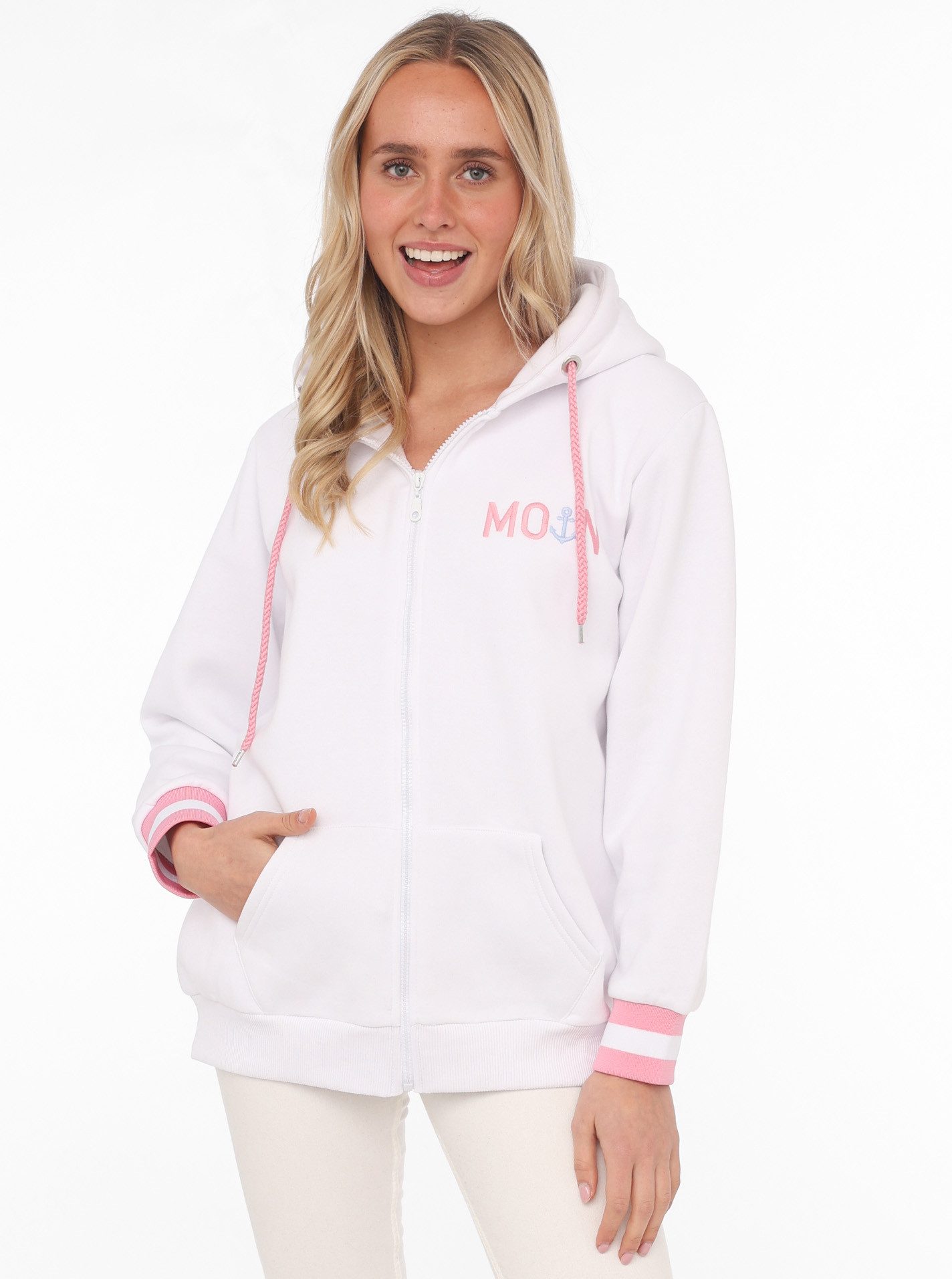 Zwillingsherz Sweatvest met geborduurd "moin" en neonkleurige details dames vesten maat LXL (L/XL) wit