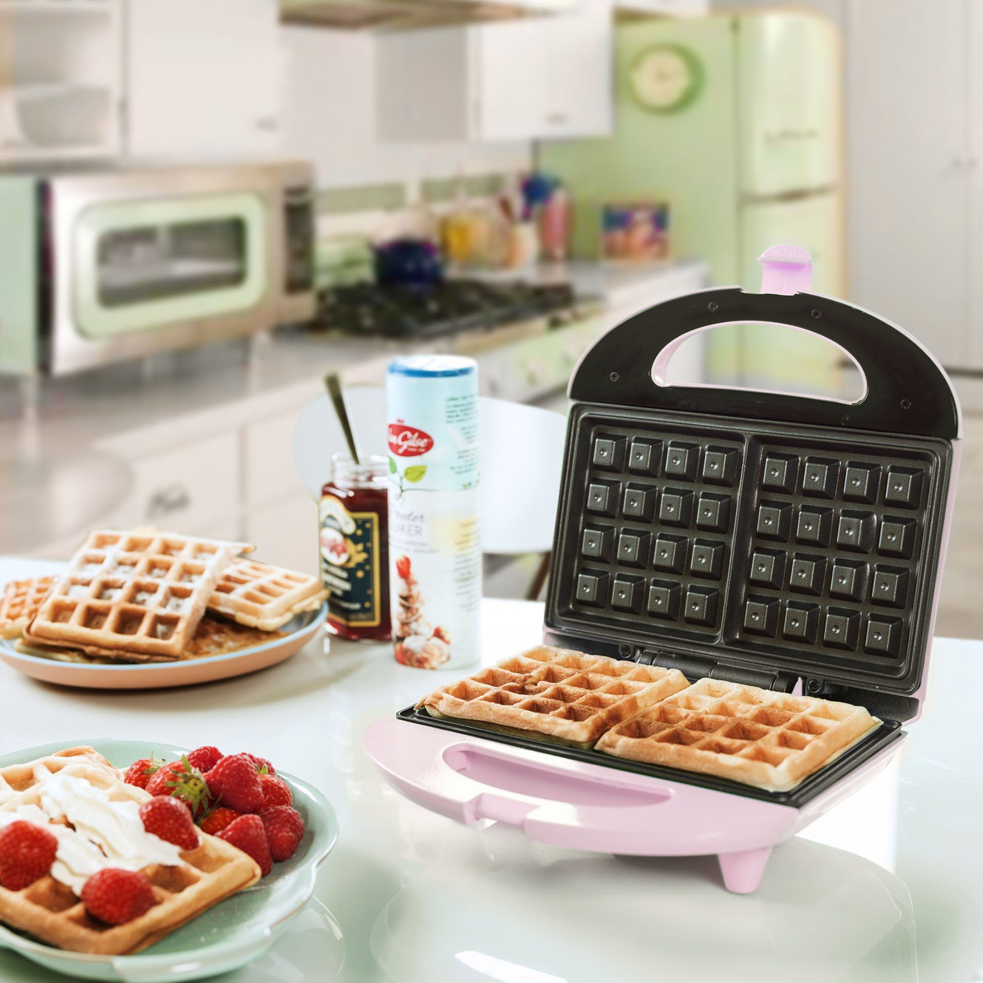 bestron Wafelijzer ASW401P Sweet Dreams voor belgische wafels, in retrodesign, voor 2 wafels, roze