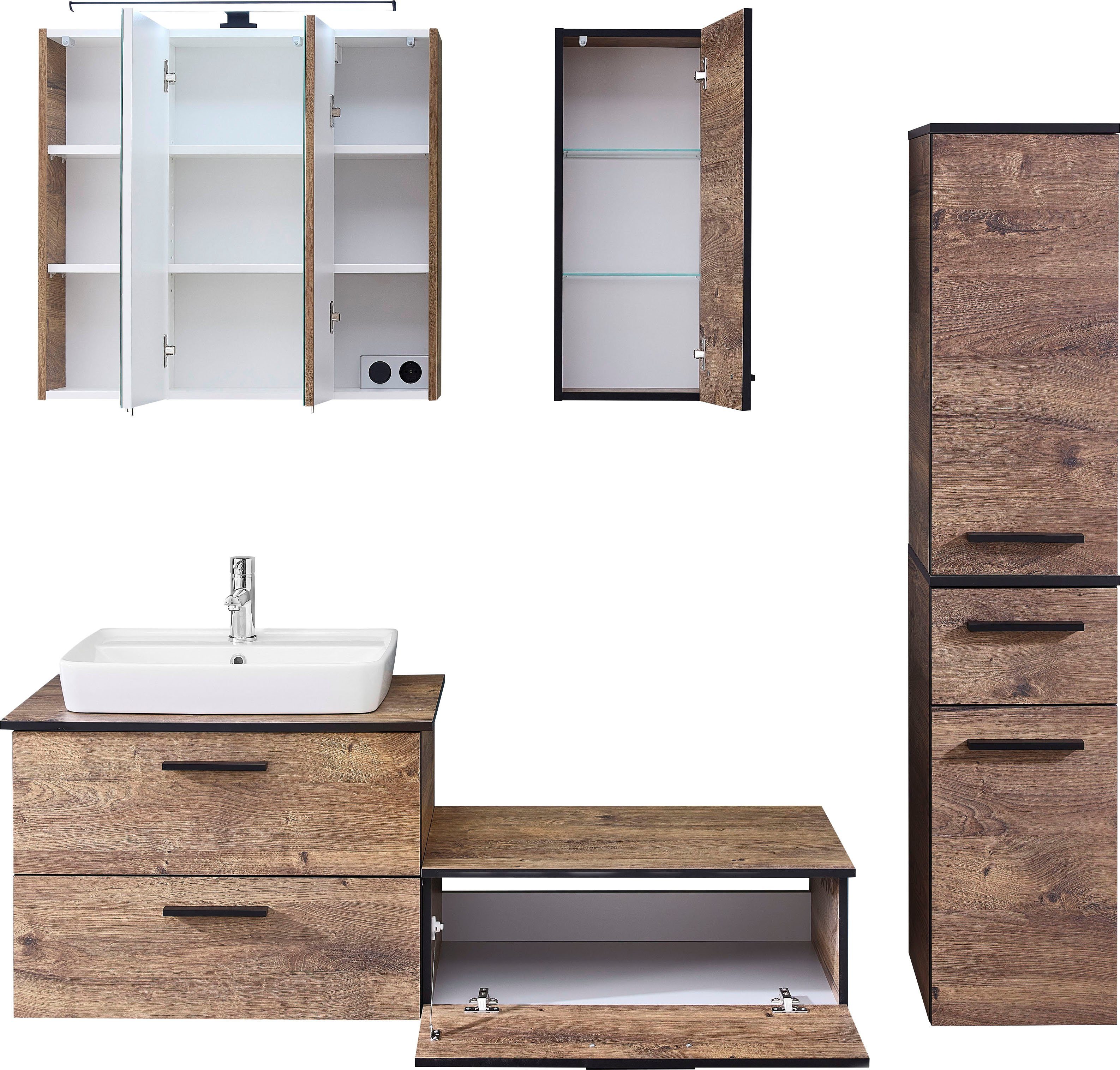Saphir Badkamerserie Quickset 374 6-delig keramische opzetwasbak met LED-spiegelkast Onderkast, halfhoge kast, hangend kastje, inclusief deurdemper, 6 deuren (8-delig)