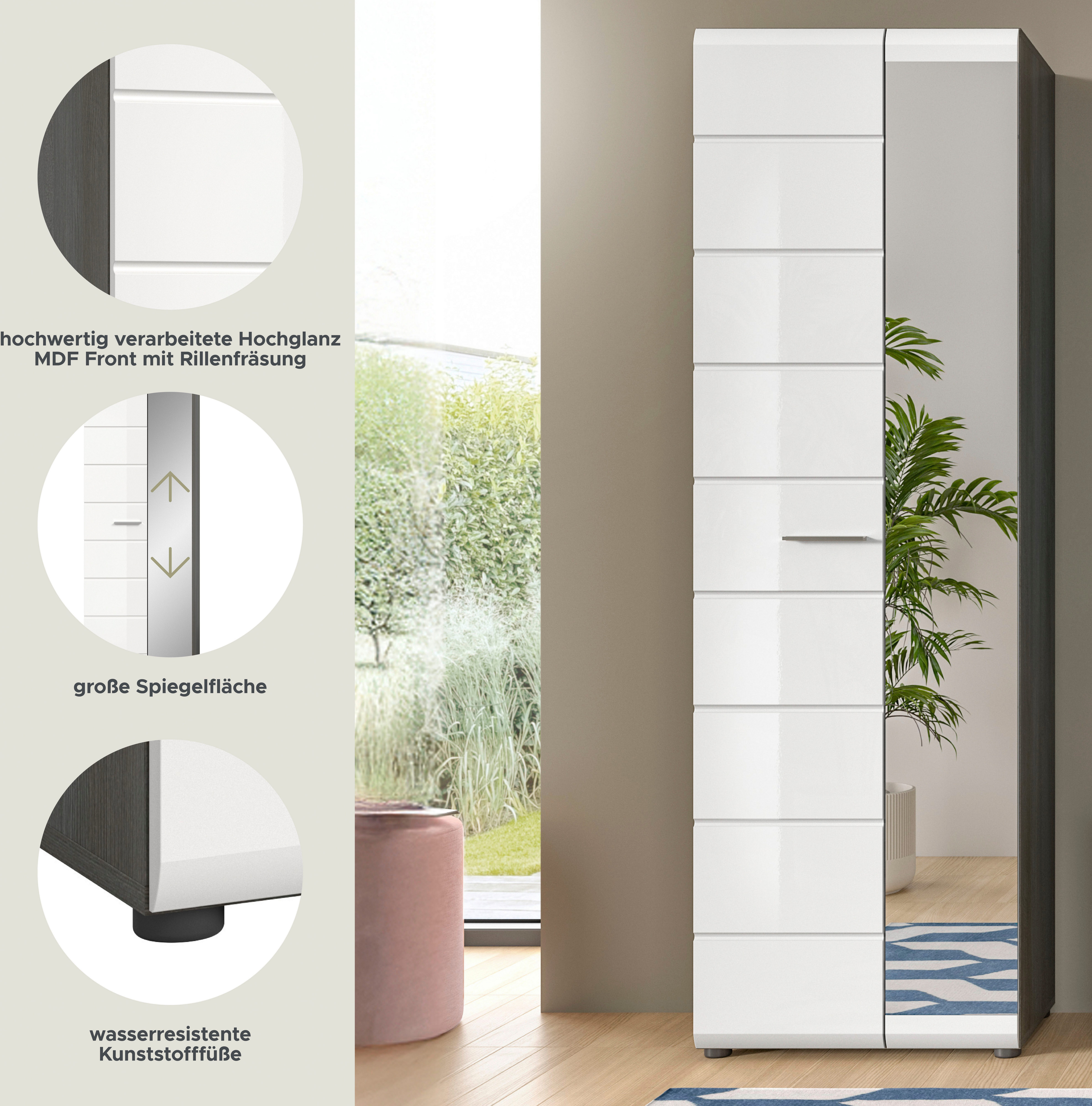 INOSIGN Kledingkast Rumba, Hoogte 192 cm, 1 Hoogglans deur, 1 Spiegeldeur, 4 legplanken,