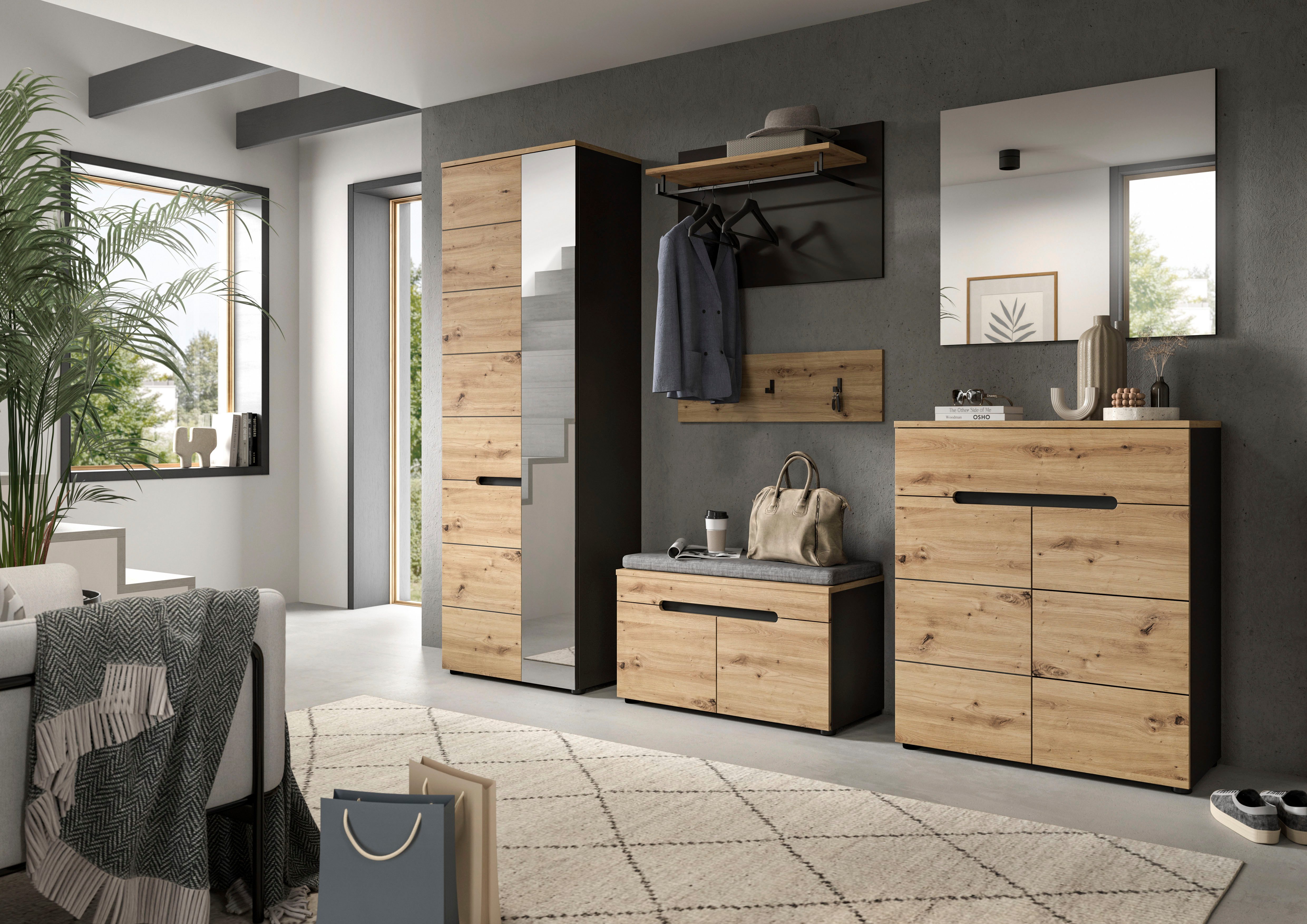 INOSIGN Halmeubelset Garderobecombinatie Rehat, breedte 175cm,in basalt grijs/Artisan eiken Halmeubelen, gangmeubelen, combinatie, hal, garderobe, garderobemeubelen (4-delig)