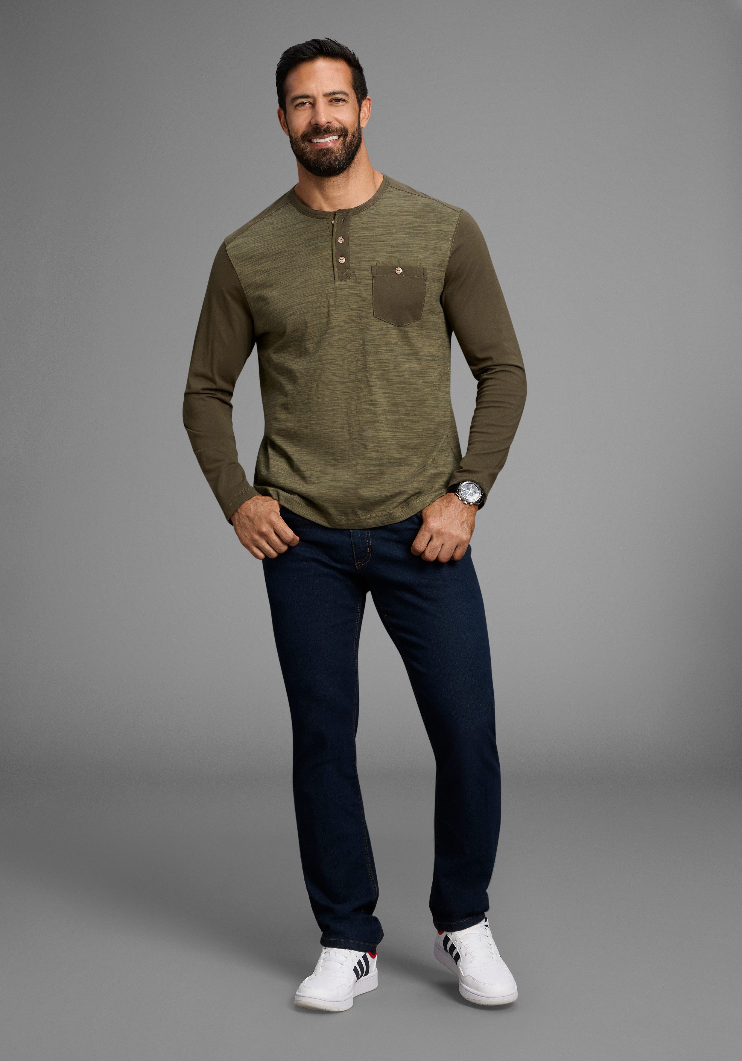Arizona Longsleeve Lange mouwen, gemêleerde look, ronde hals met knoopsluiting