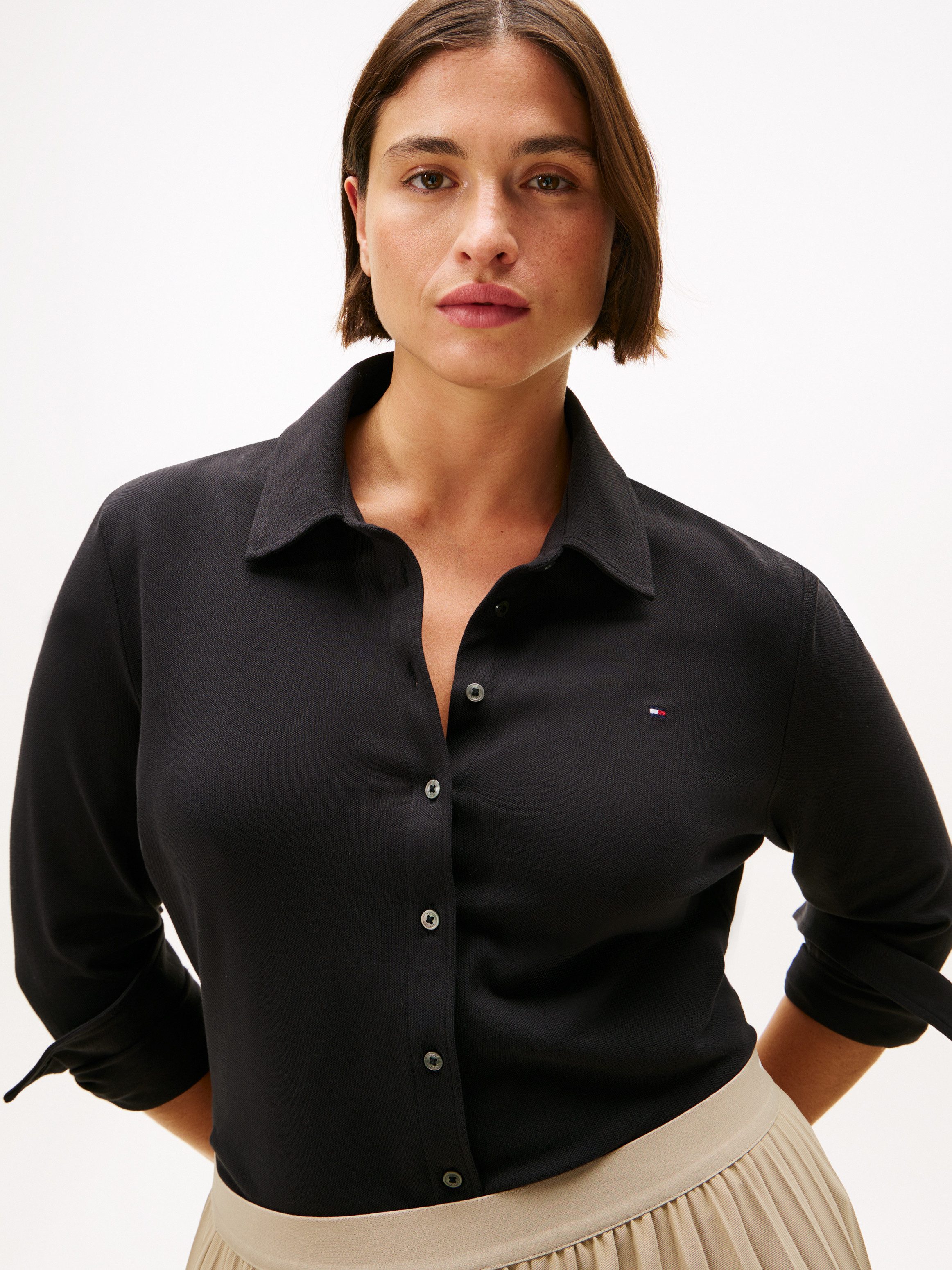 Tommy Hilfiger Curve Blouse met lange mouwen CRV 1985 SLIM PIQU in grote maten, van piqué kwaliteit