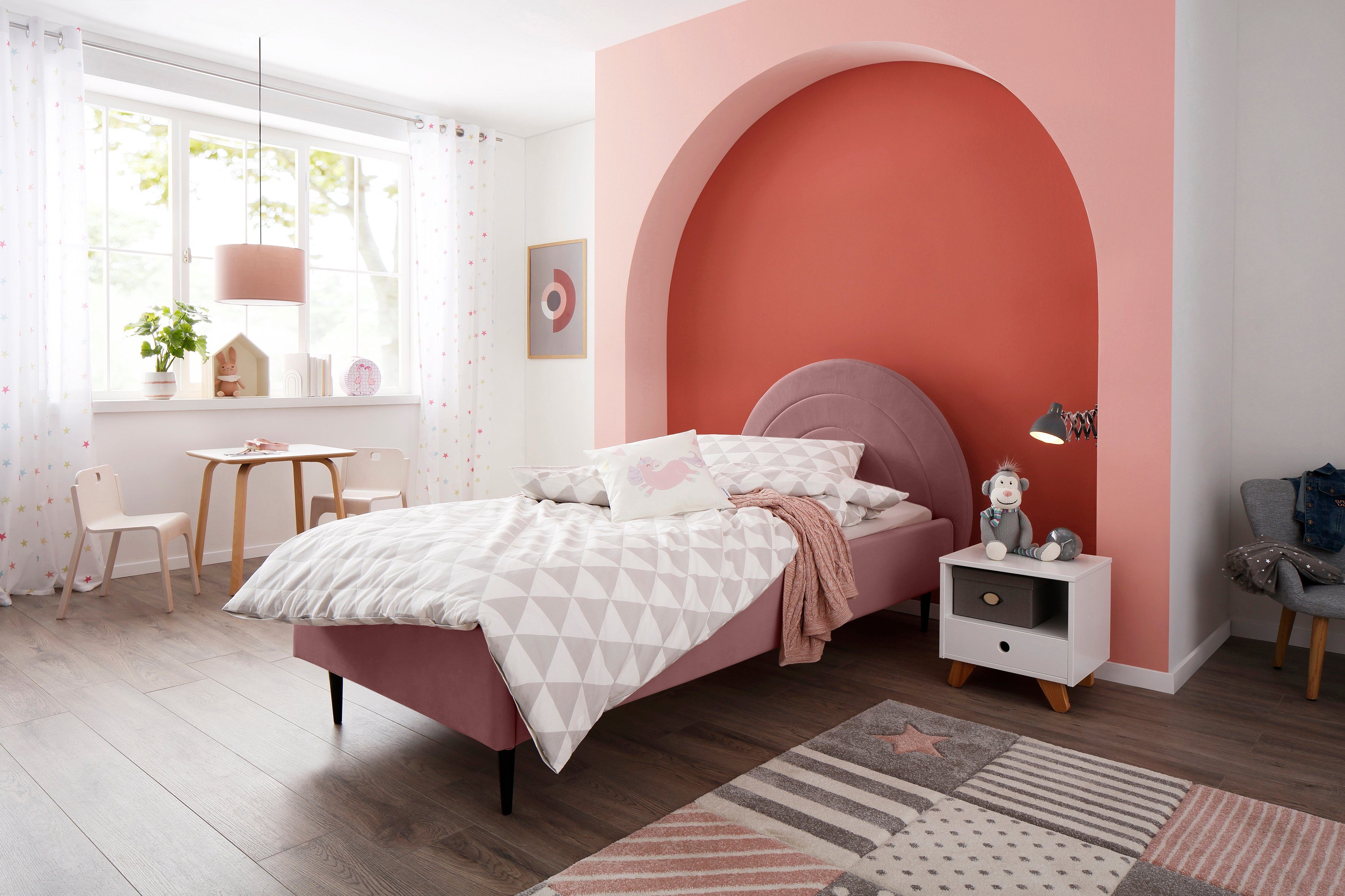 Lüttenhütt Gestoffeerd bed Femmy prettig bekleed hoofdbord met decoratief regenboogmotief