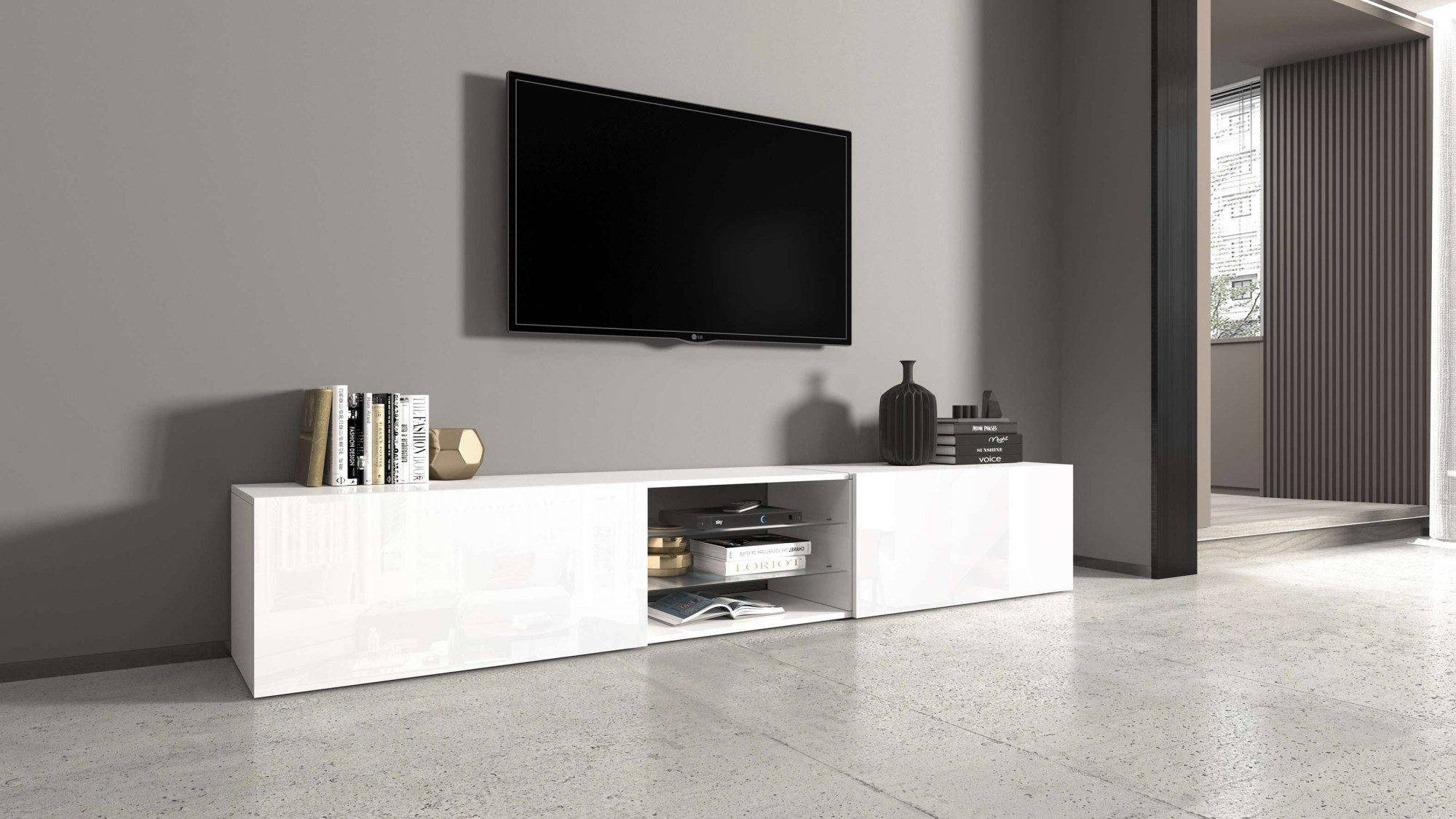 INOSIGN Tv-meubel Egypt, Lowboard, TV-ladekast, TV-meubel, TV-bank met 2 kleppen, 2 glazen planken, volledig hoogglans gelakt (b/d/h) 240x38x35 cm