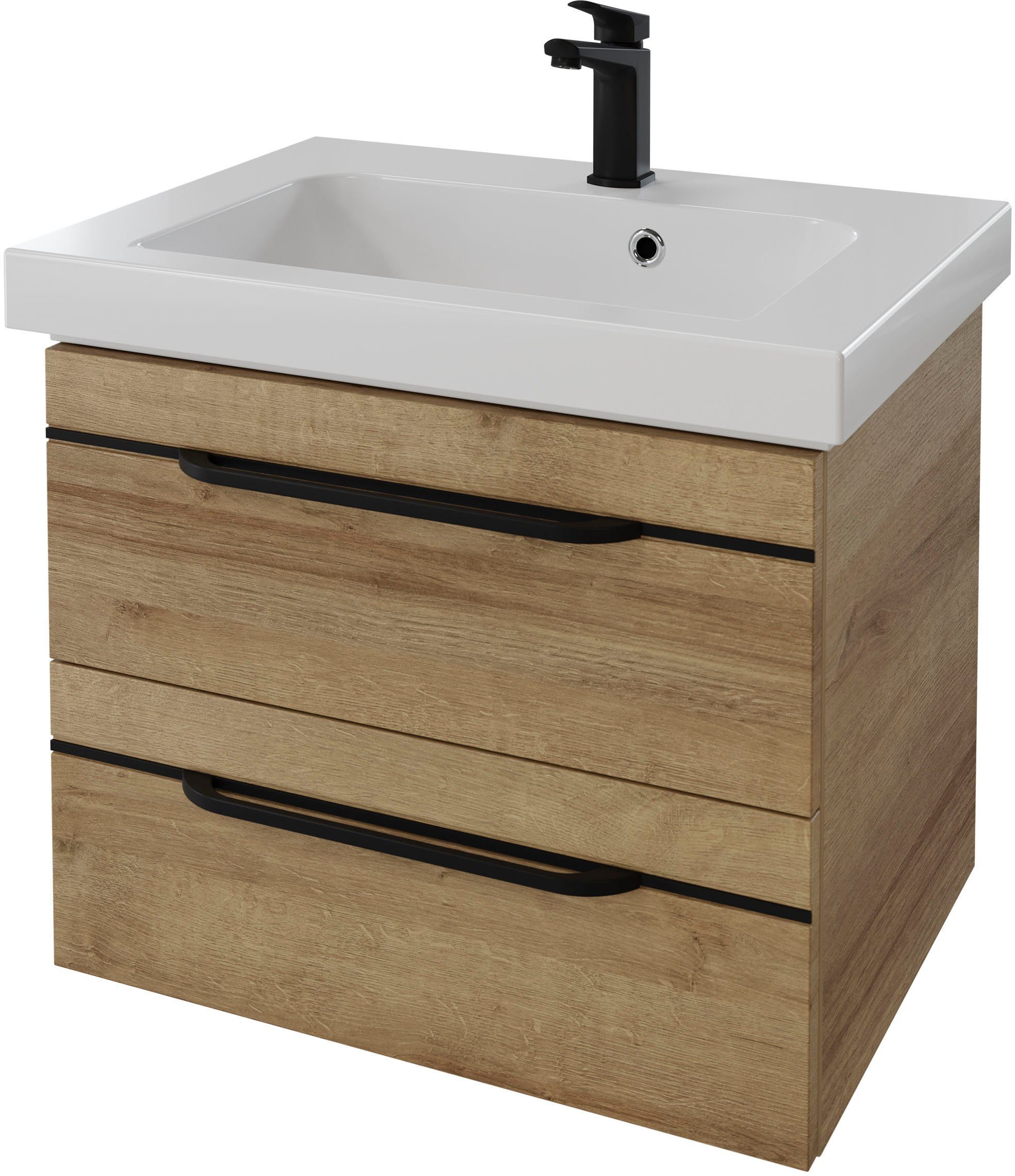 Saphir Wastafelonderkast Serie Balto mineraalmarmeren wastafel met onderkast, 64,4 cm breed Wastafelmeubel met 2 laden, badkamerkast in verschillende