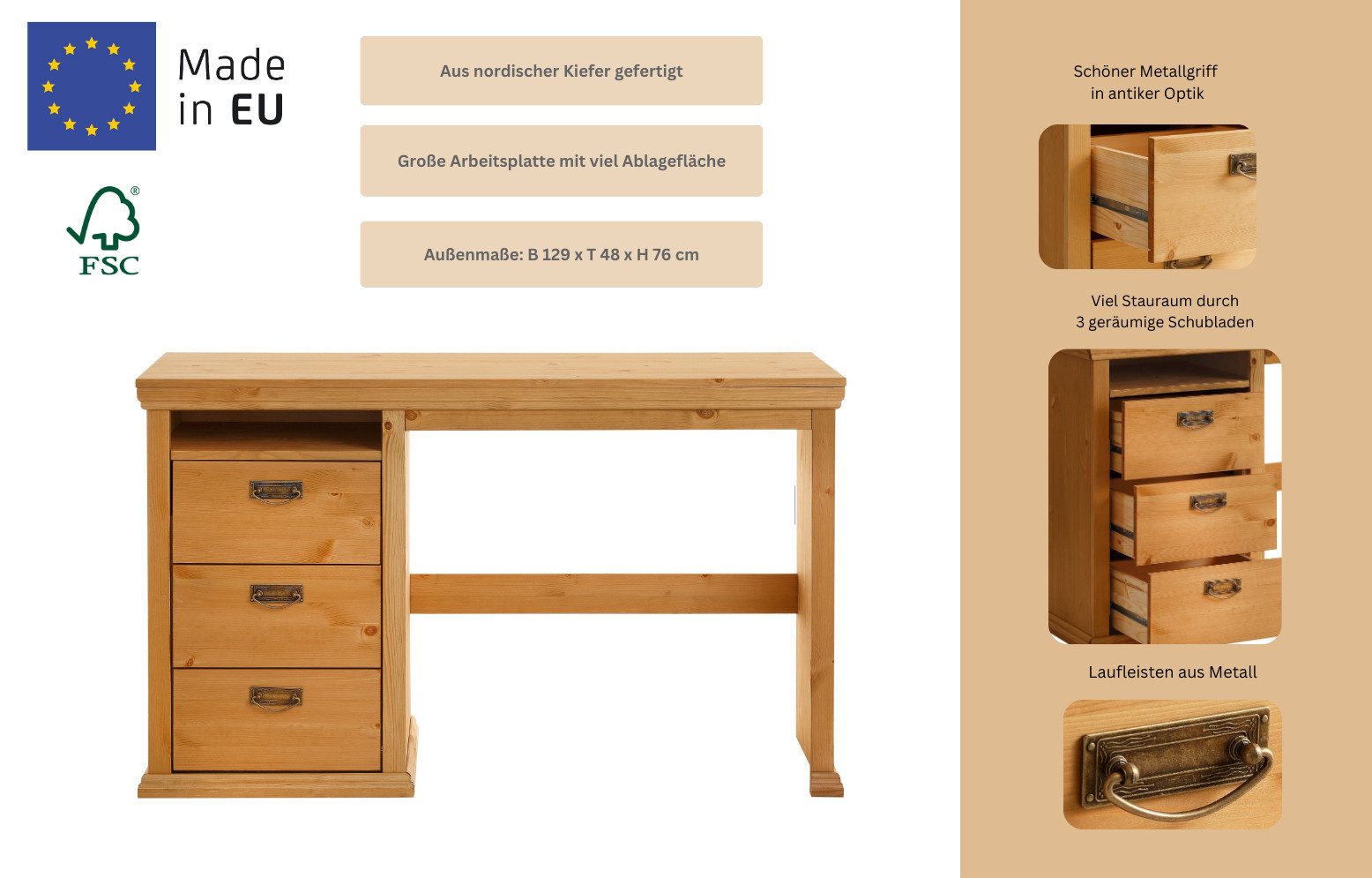 Home affaire Bureau Konrad van gecertificeerd massief hout, met lades, breedte 129 cm