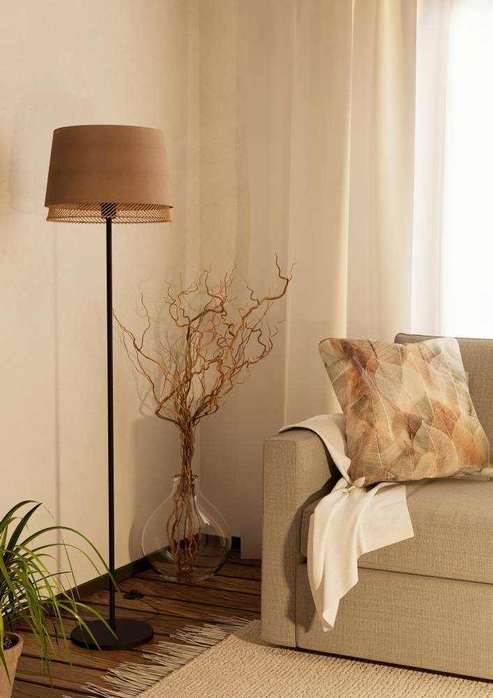EGLO Staande lamp TABLEY Vloerlamp, metaal in zwart, bamboe en linnen, E27 fitting, 150 cm (1 stuk)