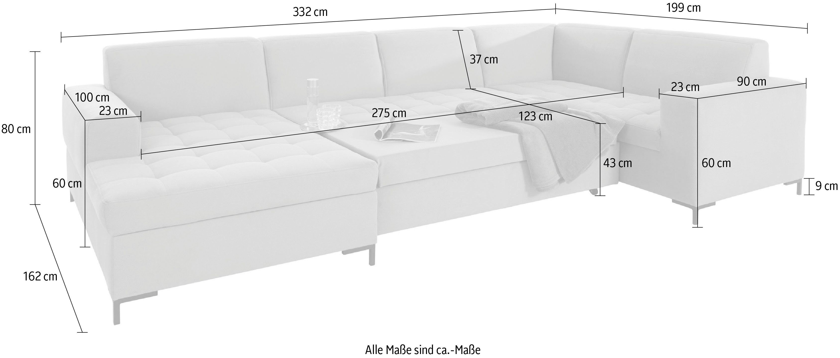 OTTO products Zithoek Grazzo, actuele stiksels in de zitting, veel ruimte, U-vorm, Breedte 332cm
