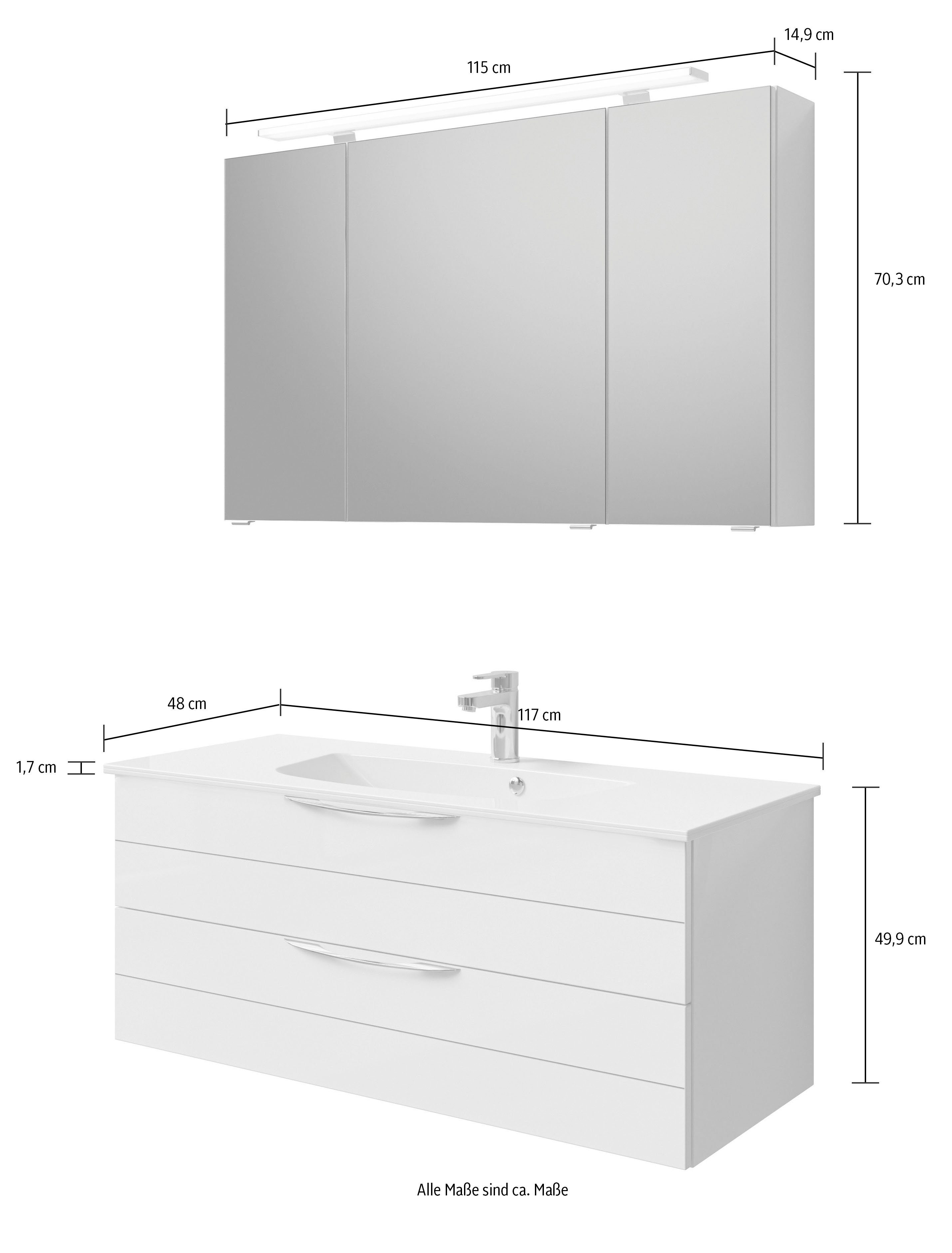 Saphir Badkamerserie Serie 6025 2-delig, mineraalmarmeren wastafel met led-spiegelkast Wastafelmeubel 117 cm breed, 2 laden, 3 spiegeldeuren, incl. deurdemper (2-delig)