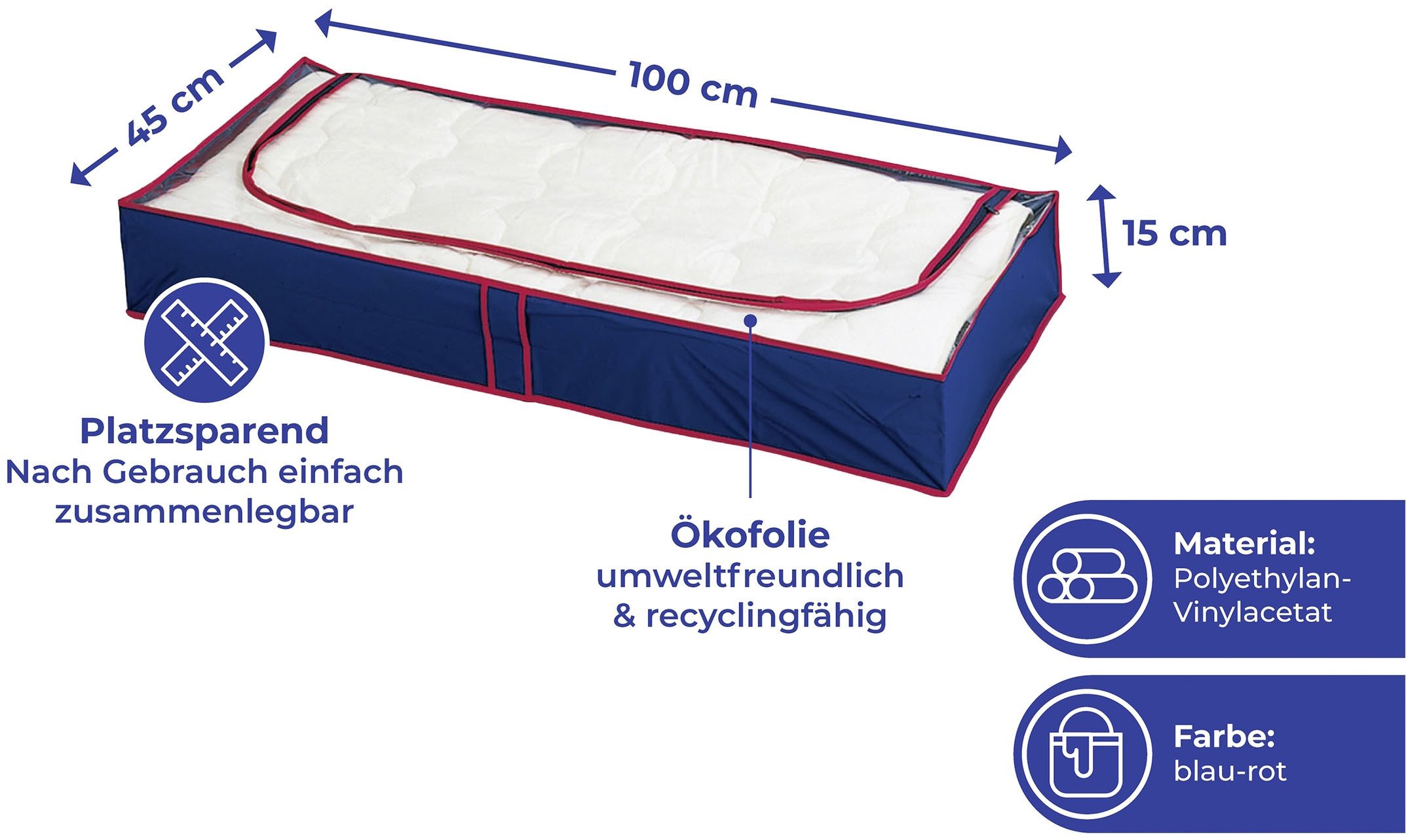 Maximex Onderbedlade Blauw/rood Opbergdoos voor kleding, ruimtebesparend, bescherming tegen stof & motten (set, 4 stuks)